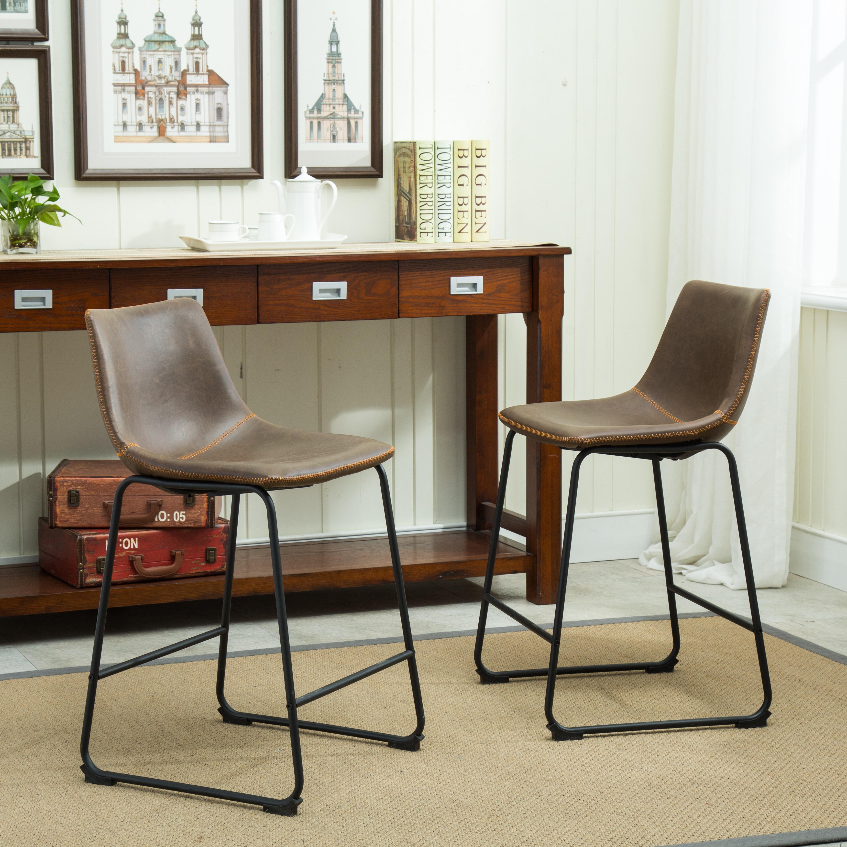 Bronco Antique Wood Finished Counter Height Dining Set: Table and Six Brown Chairs