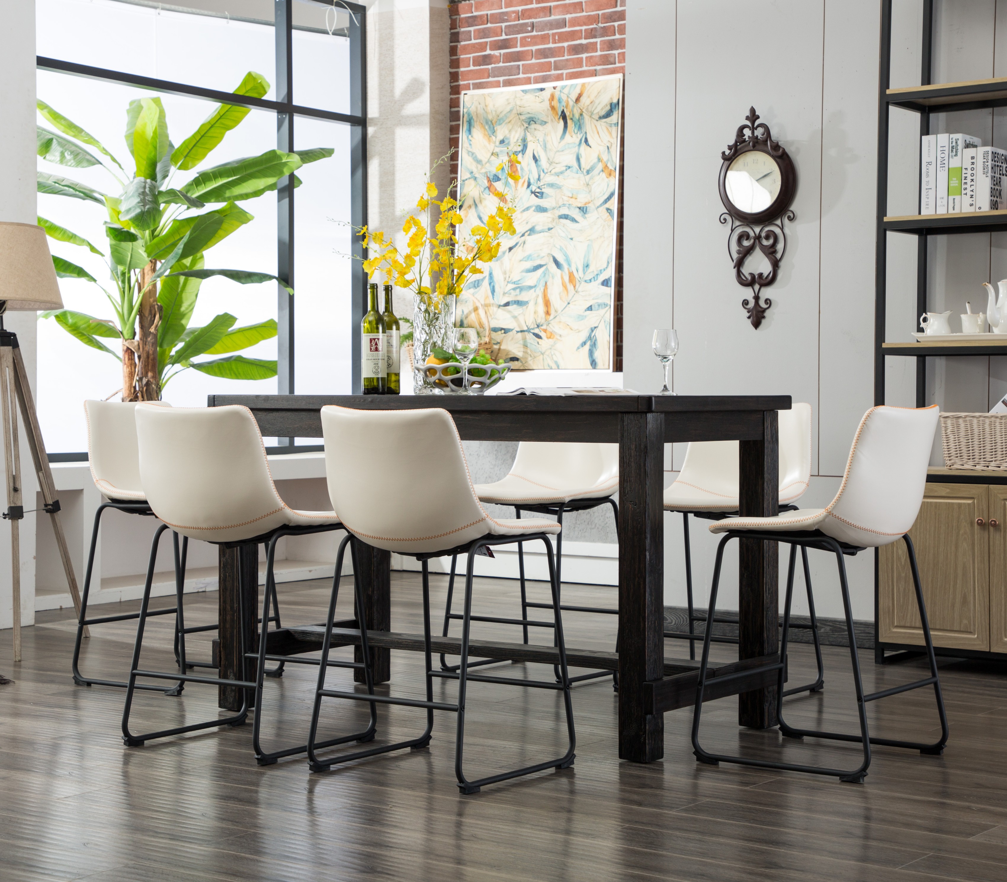 Bronco Antique Wood Finished Counter Height Dining Set: Table and Six White Chairs