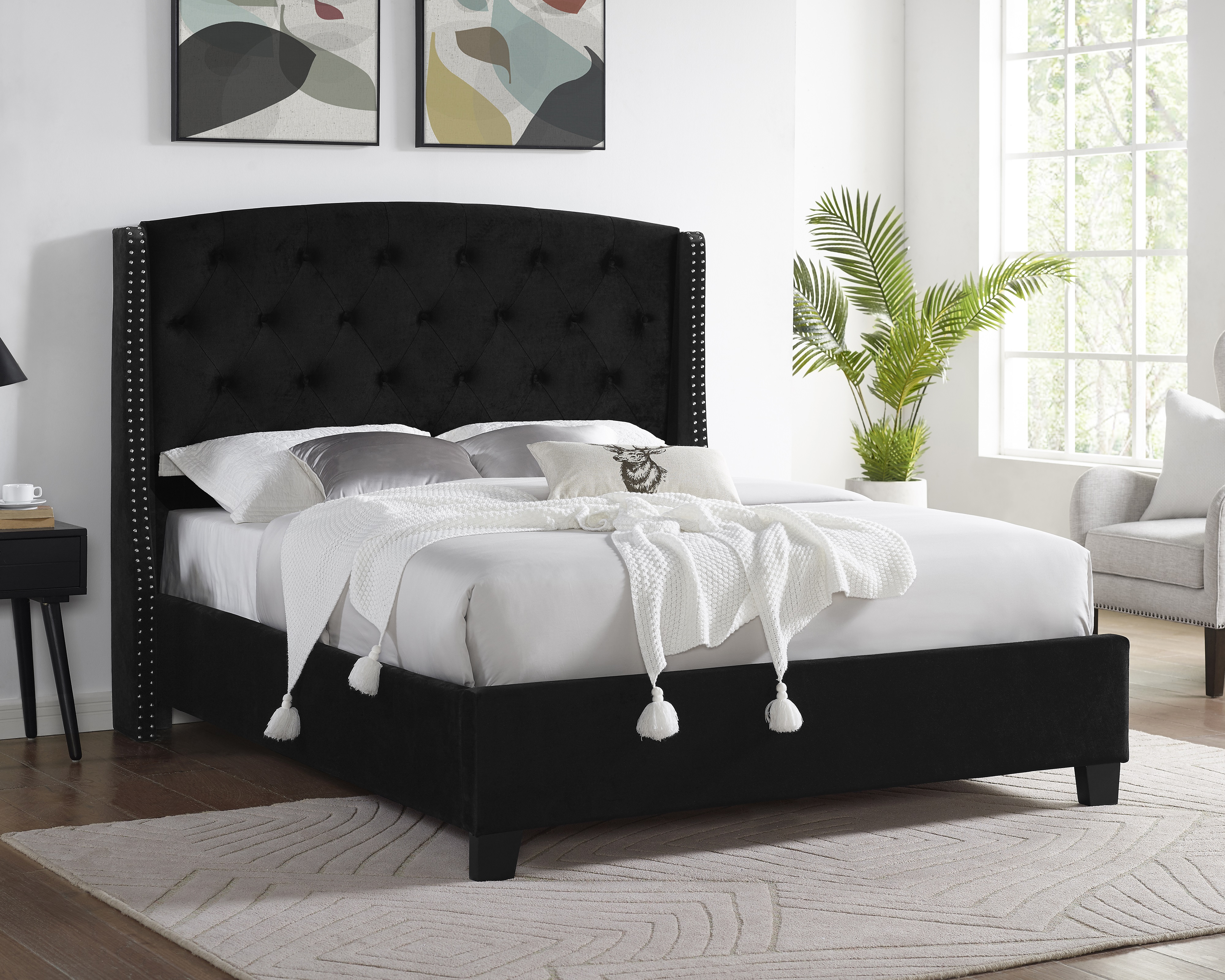 Summit Wingback Tufted Upholstered Bed with Nailhead, Black