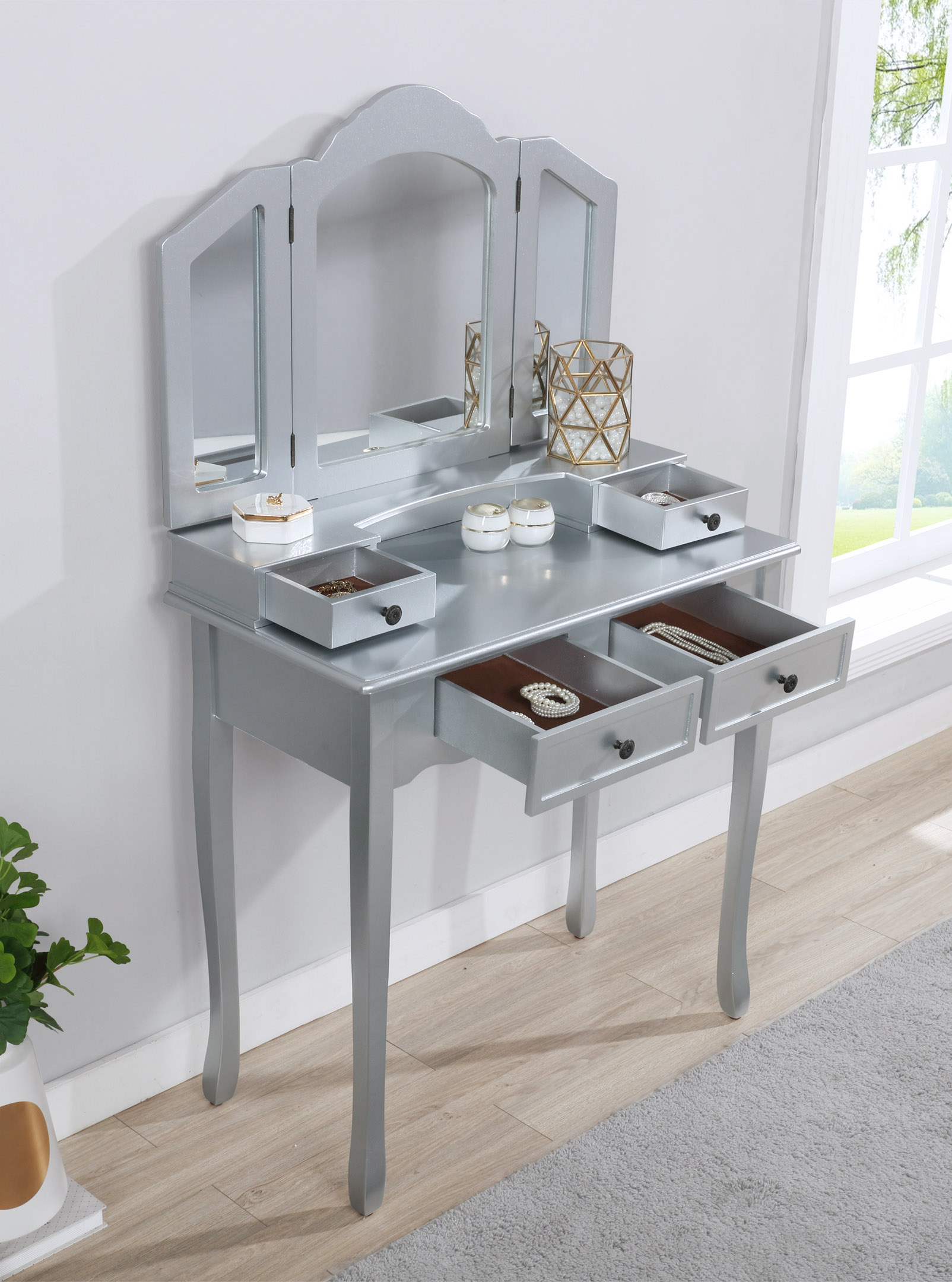 Sanlo Wooden Vanity Make Up Table and Stool Set, Silver