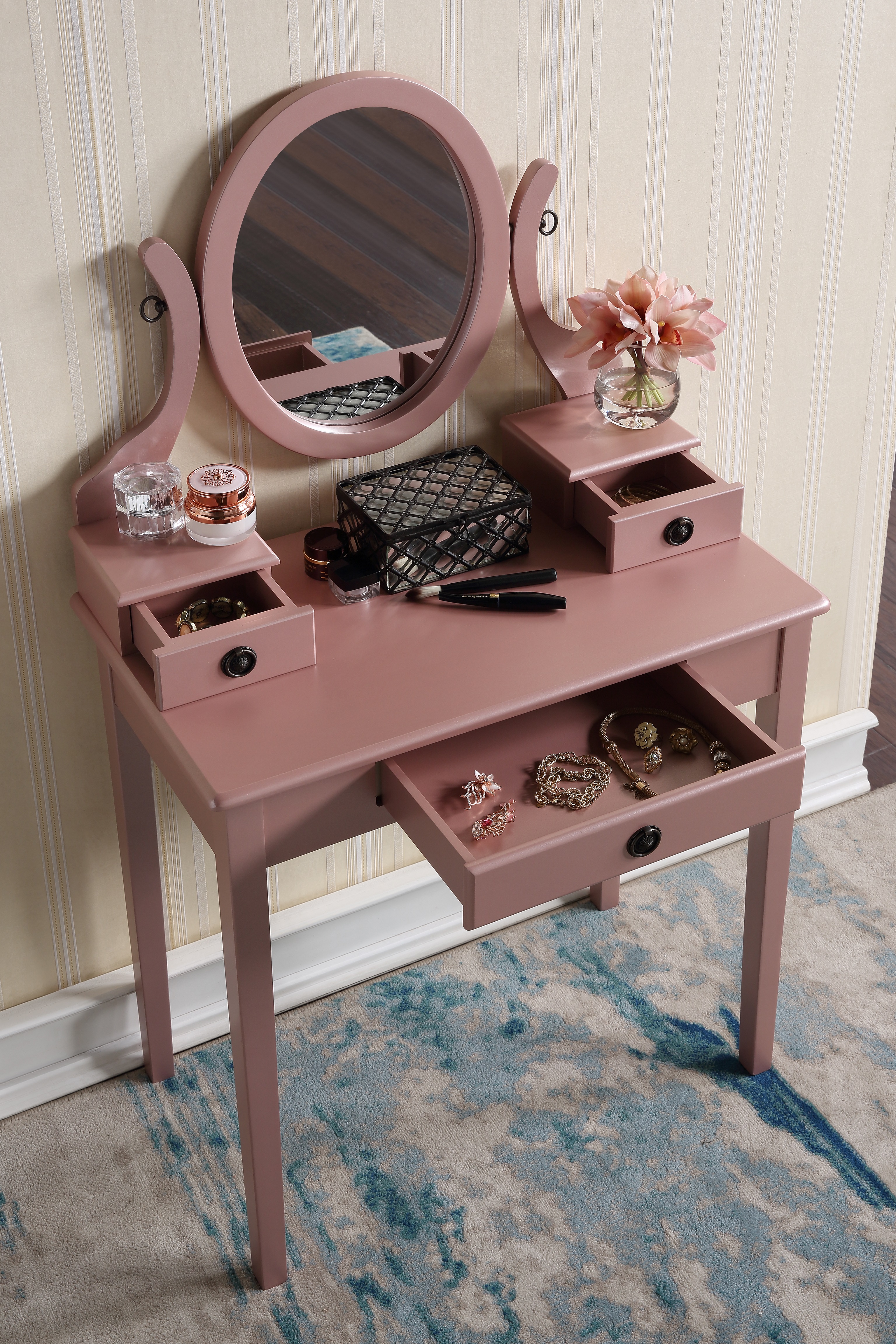 Moniys Wood Moniya Makeup Vanity Table and Stool Set, Rose Gold