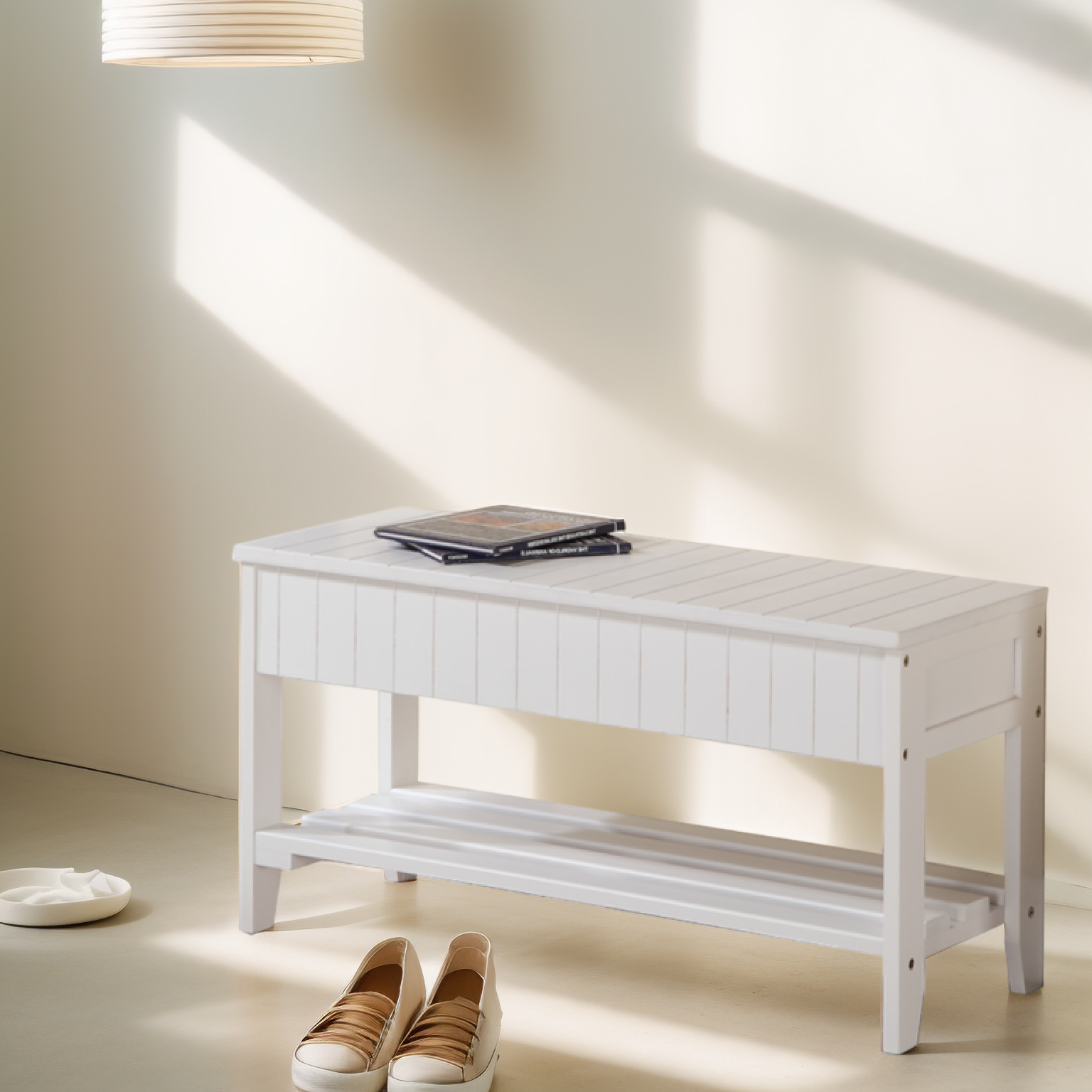 Quality Solid Wood Shoe Bench with Storage, White