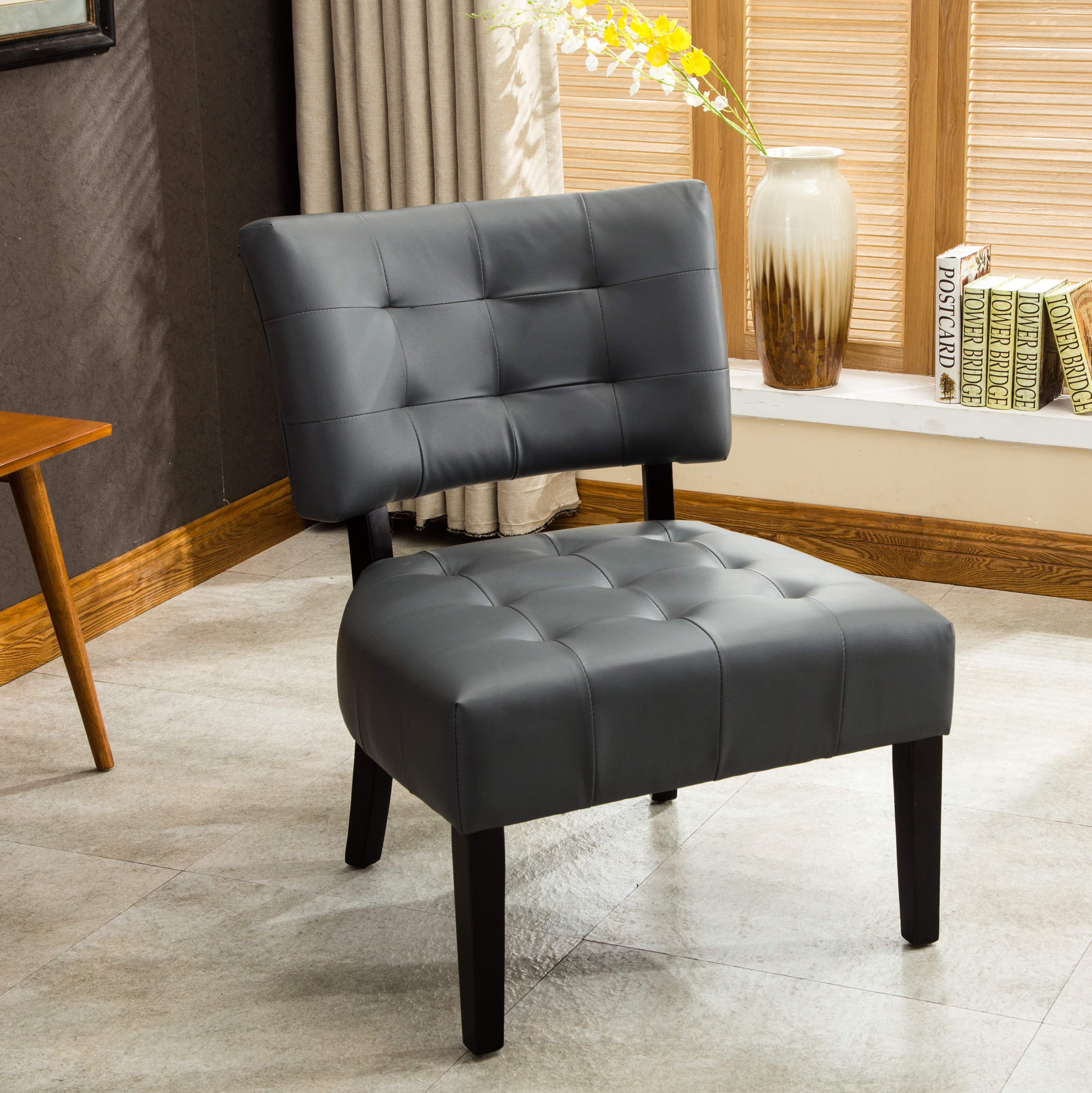 Blended Leather Tufted Accent Chair with Oversized Seating, Gray