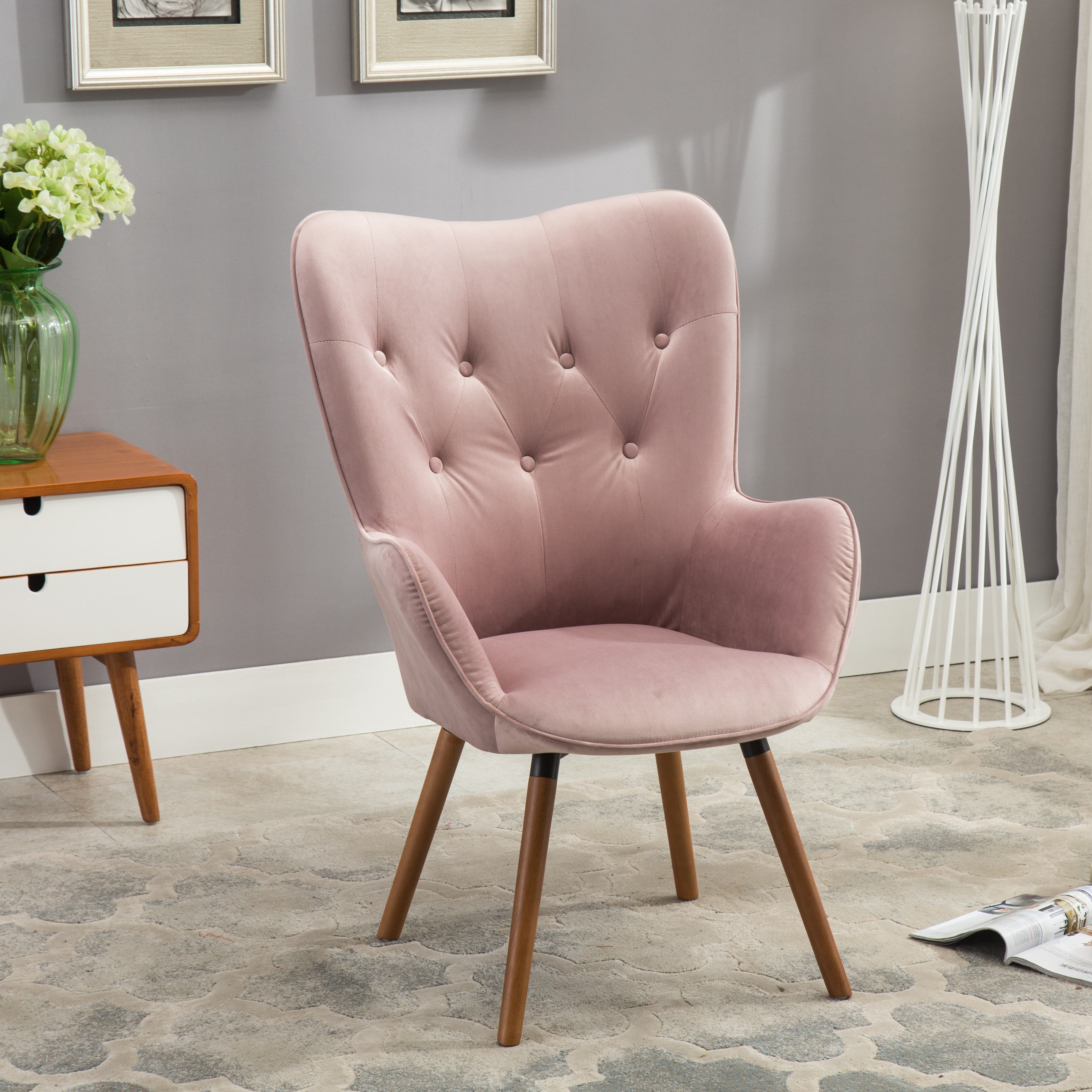 Doarnin Contemporary Silky Velvet Tufted Button Back Accent Chair, Mauve