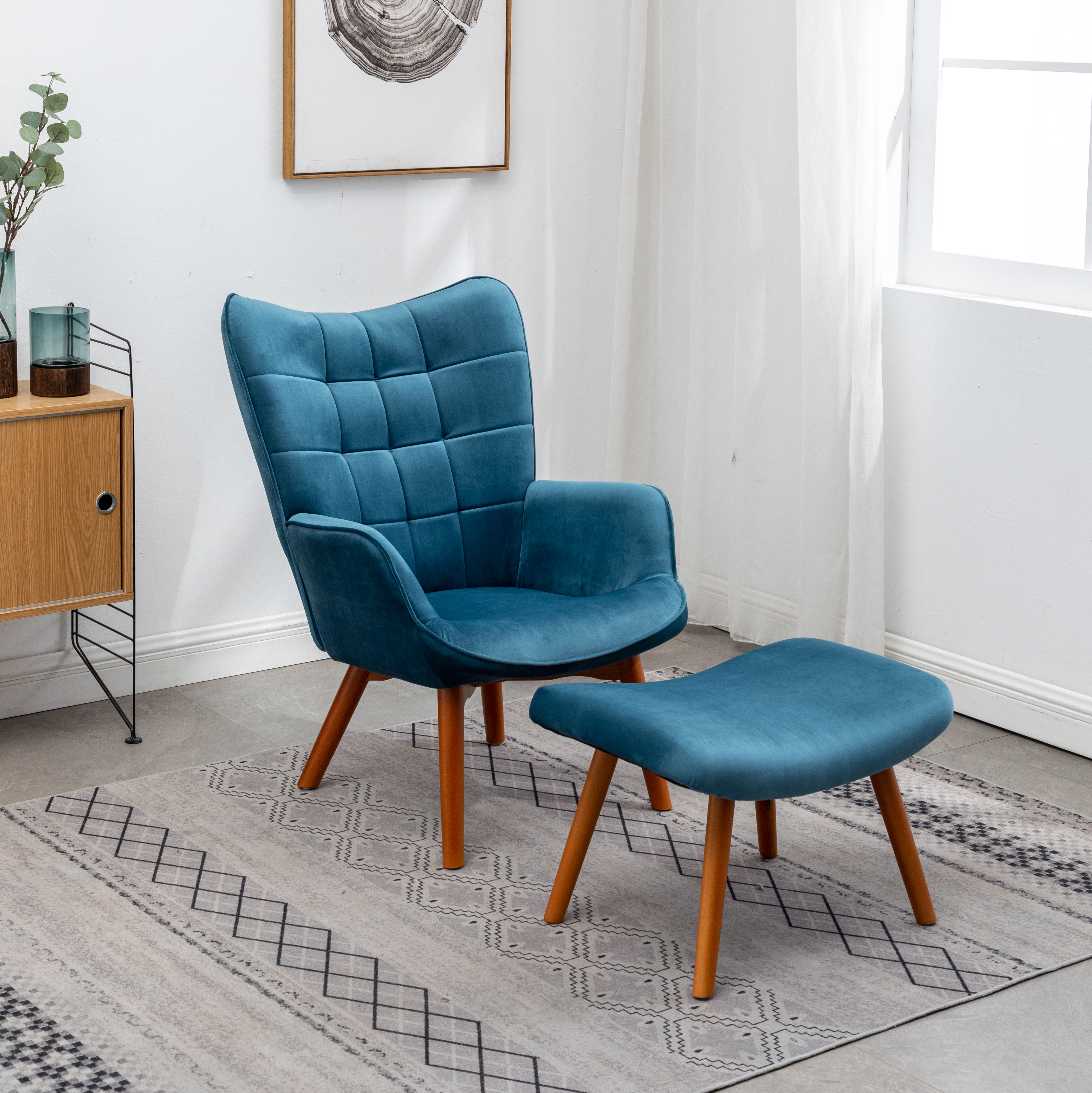 Leiria Contemporary Silky Velvet Tufted Accent Chair with Ottoman, Blue