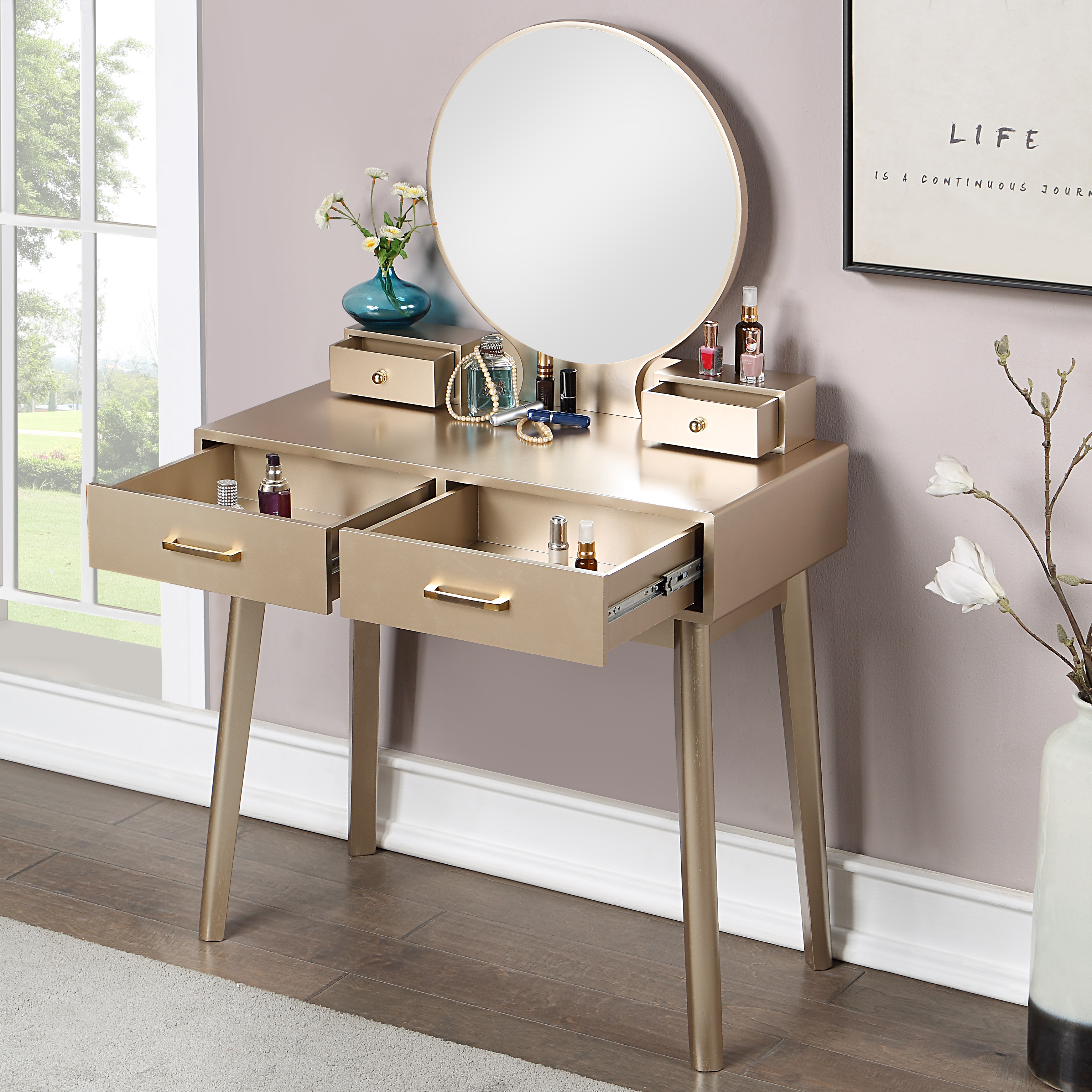 Liannon Contemporary Wood Vanity and Stool Set, Gold