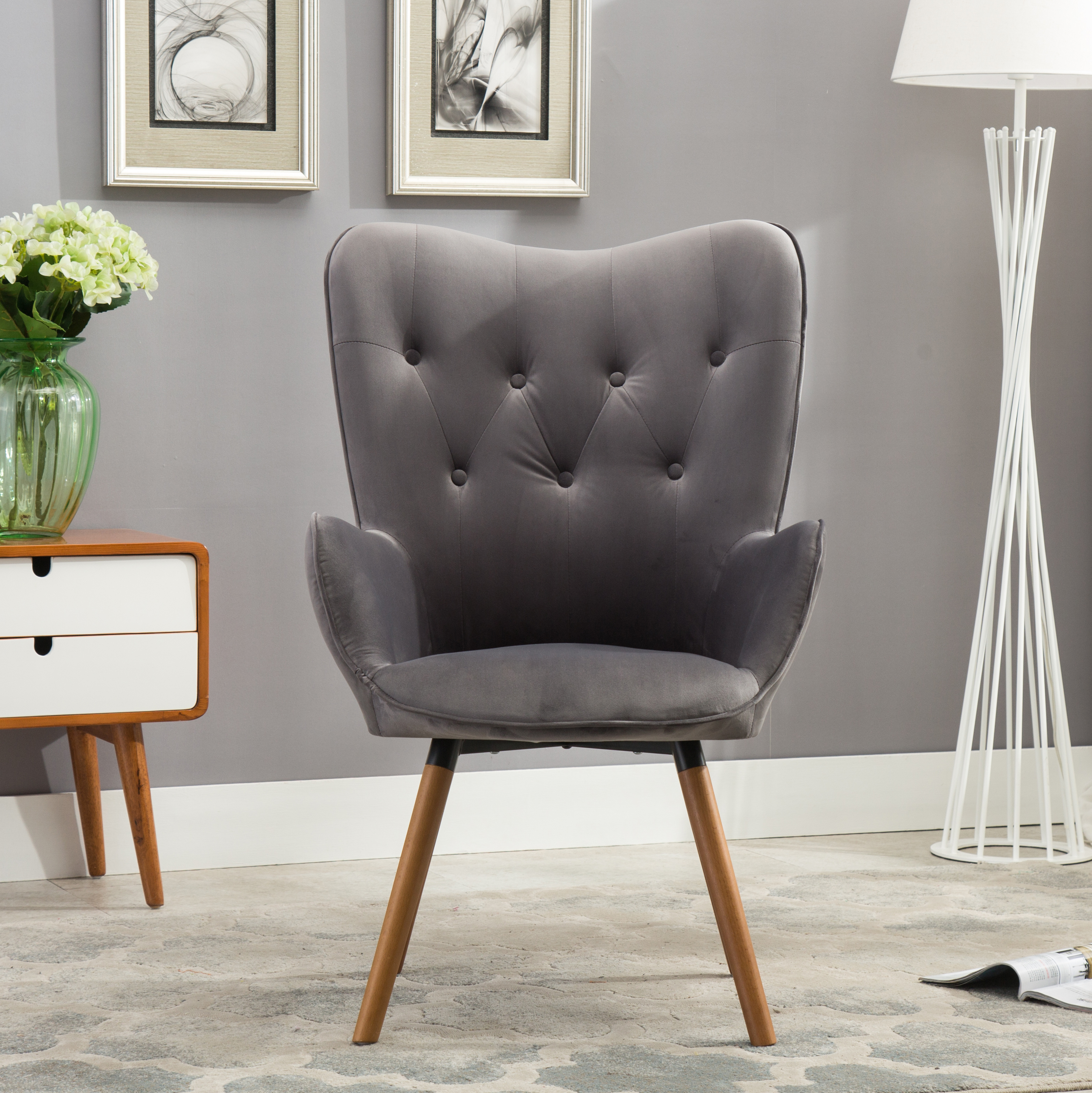 Doarnin Contemporary Silky Velvet Tufted Button Back Accent Chair, Gray