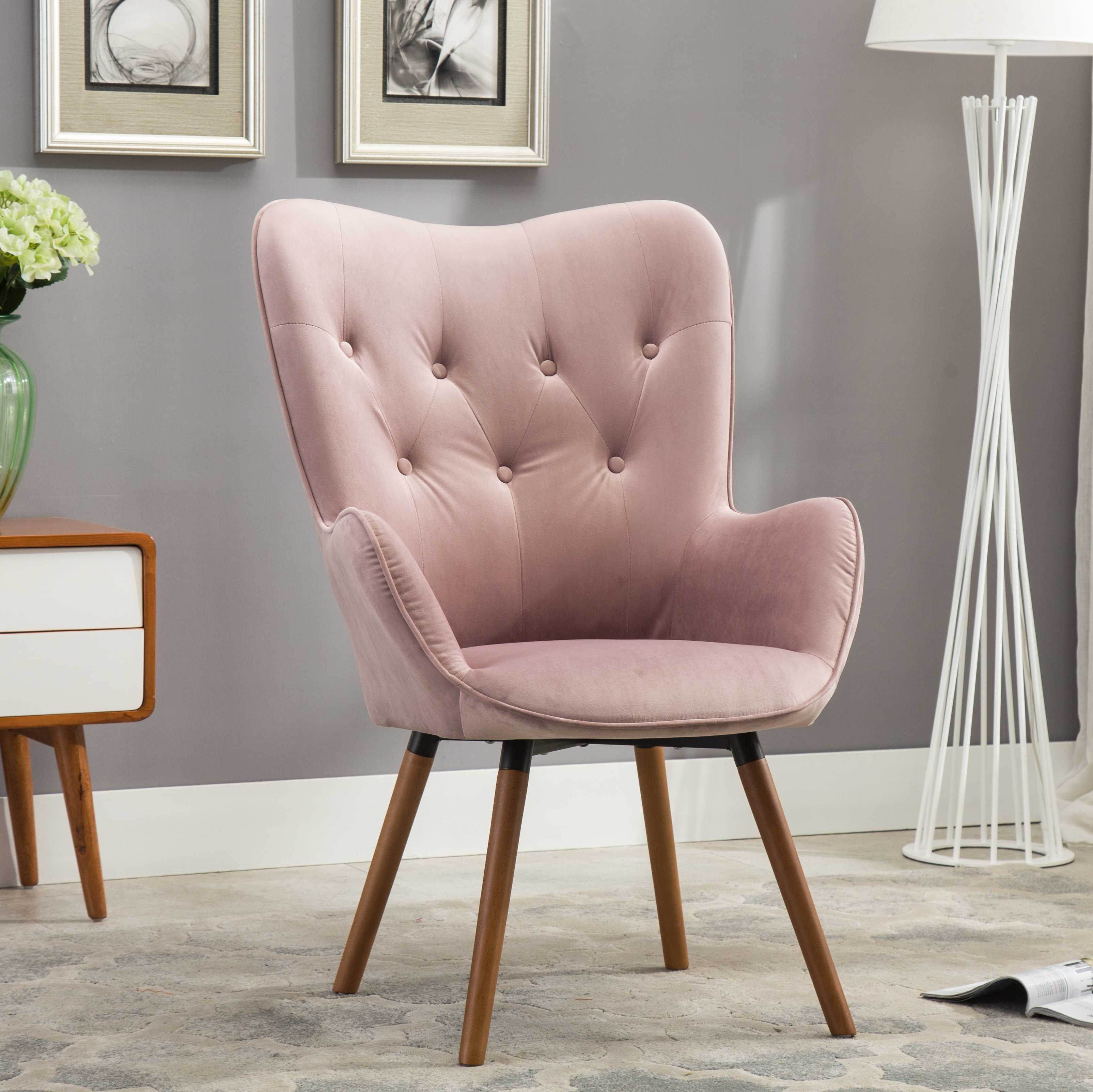 Doarnin Contemporary Silky Velvet Tufted Button Back Accent Chair, Mauve