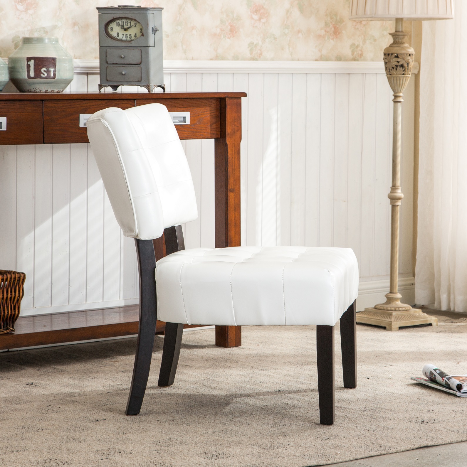 Blended Leather Tufted Accent Chair with Oversized Seating, Ivory