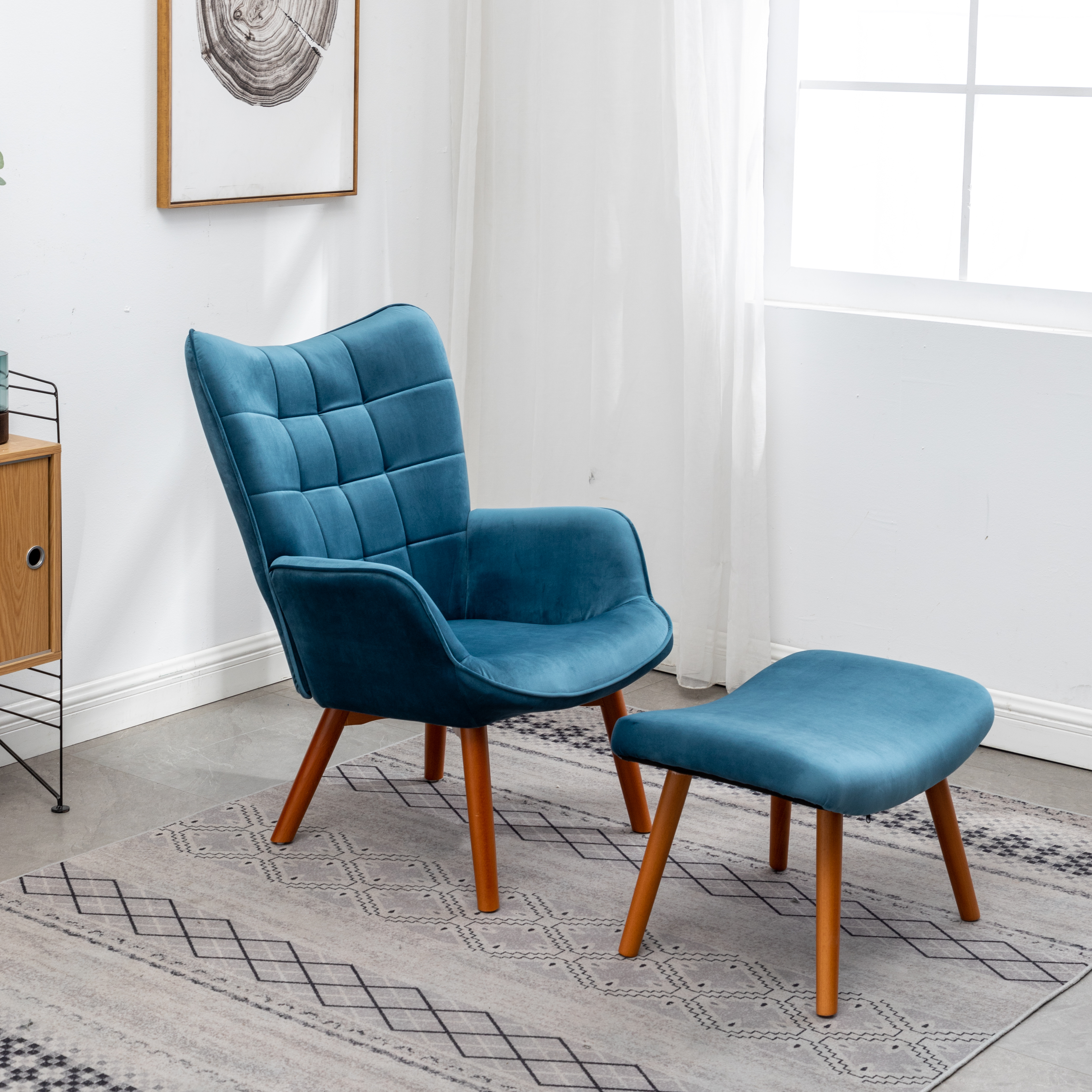 Leiria Contemporary Silky Velvet Tufted Accent Chair with Ottoman, Blue