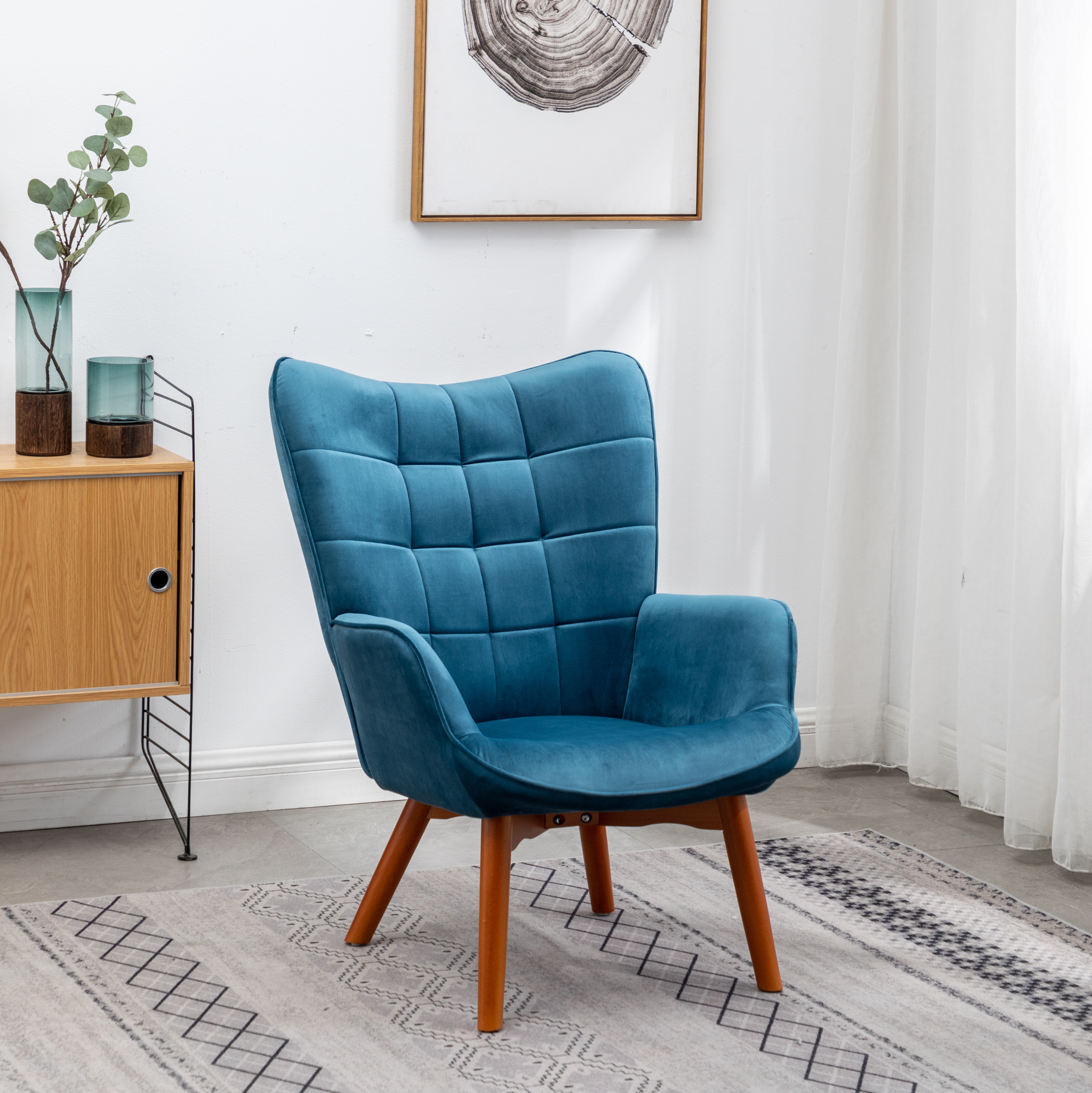 Leiria Contemporary Silky Velvet Tufted Accent Chair with Ottoman, Blue