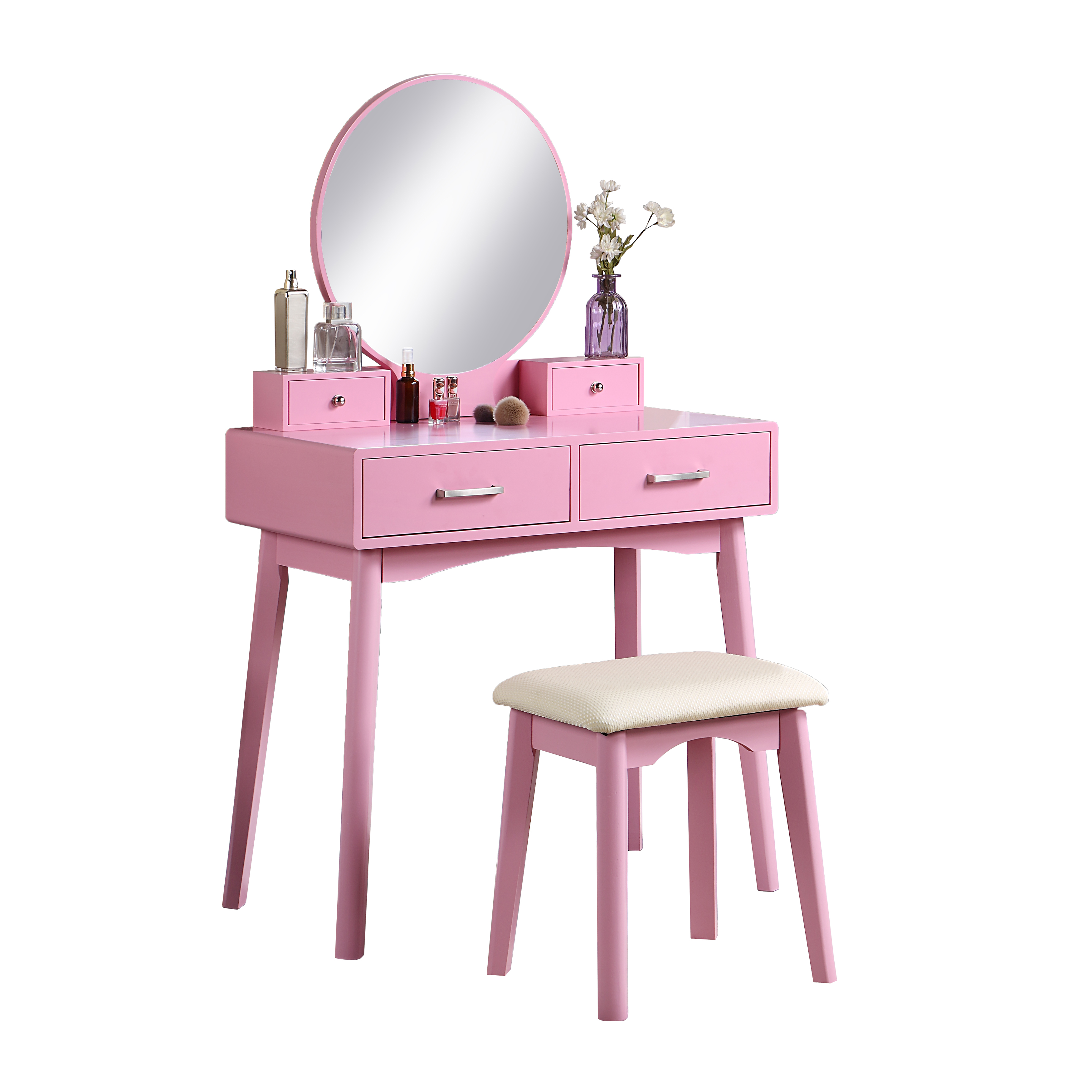 Liannon Contemporary Wood Vanity and Stool Set, Pink