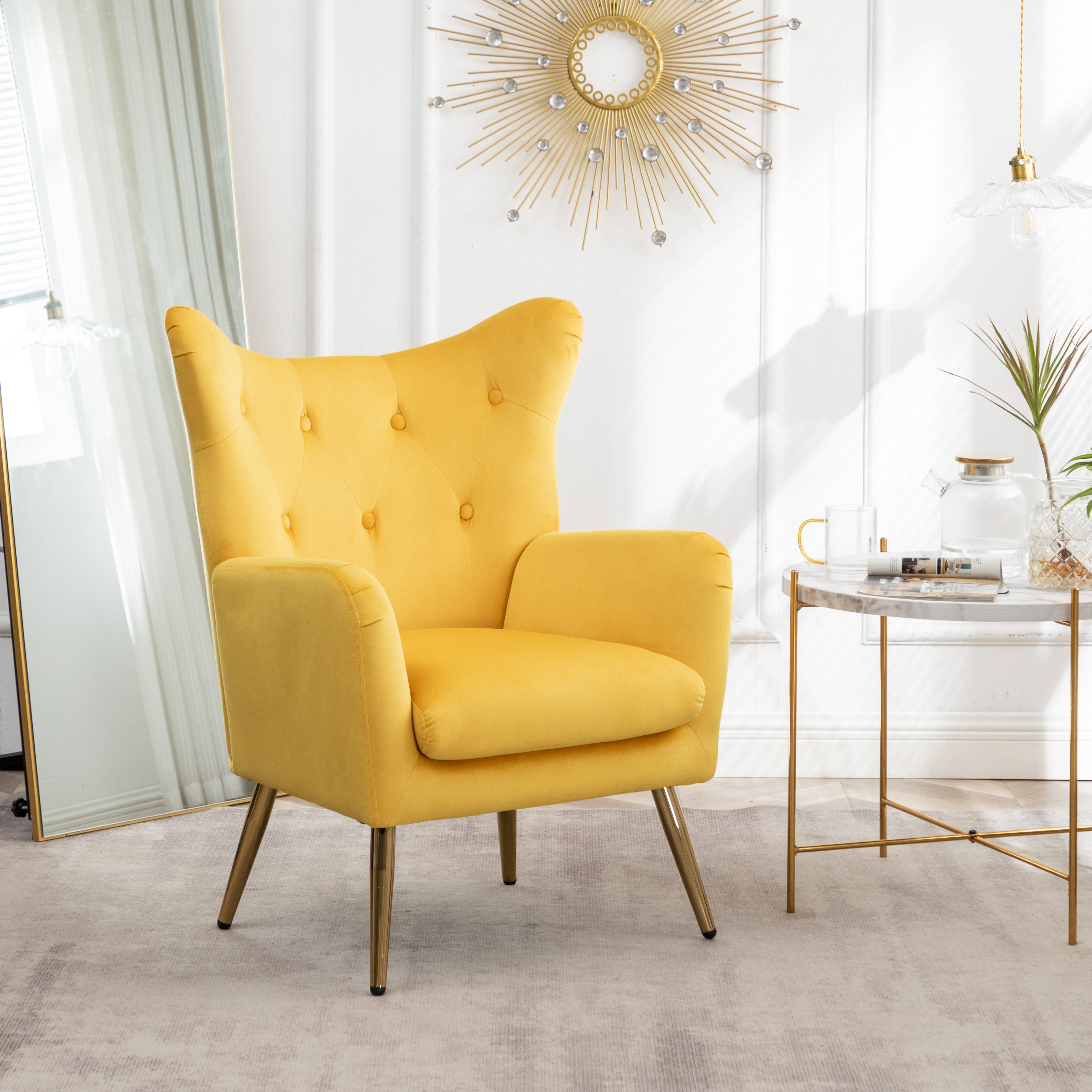 Sovarol Velvet Button-Tufted Wing Back Accent Chair, Yellow