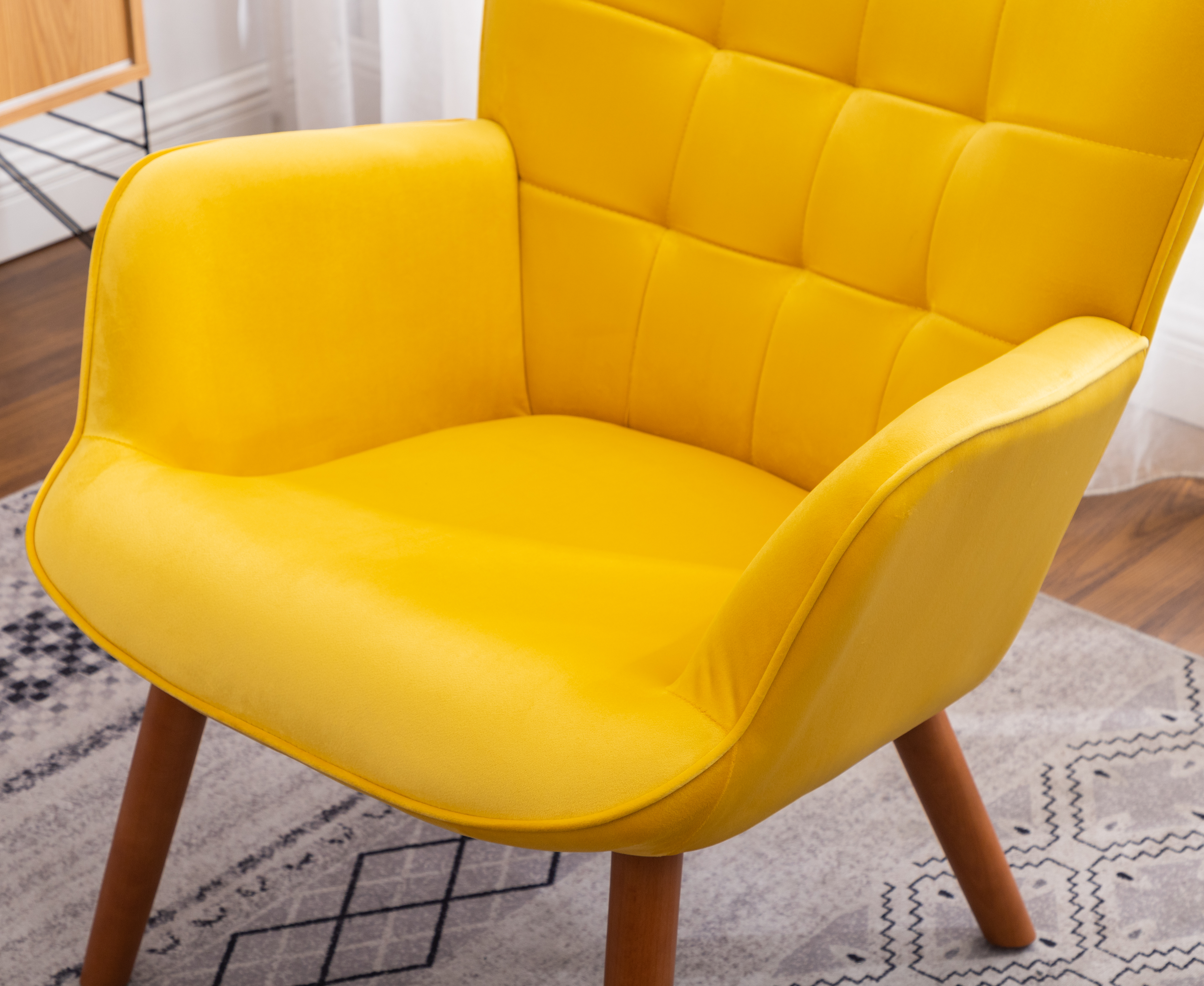 Leiria Contemporary Silky Velvet Tufted Accent Chair with Ottoman, Yellow