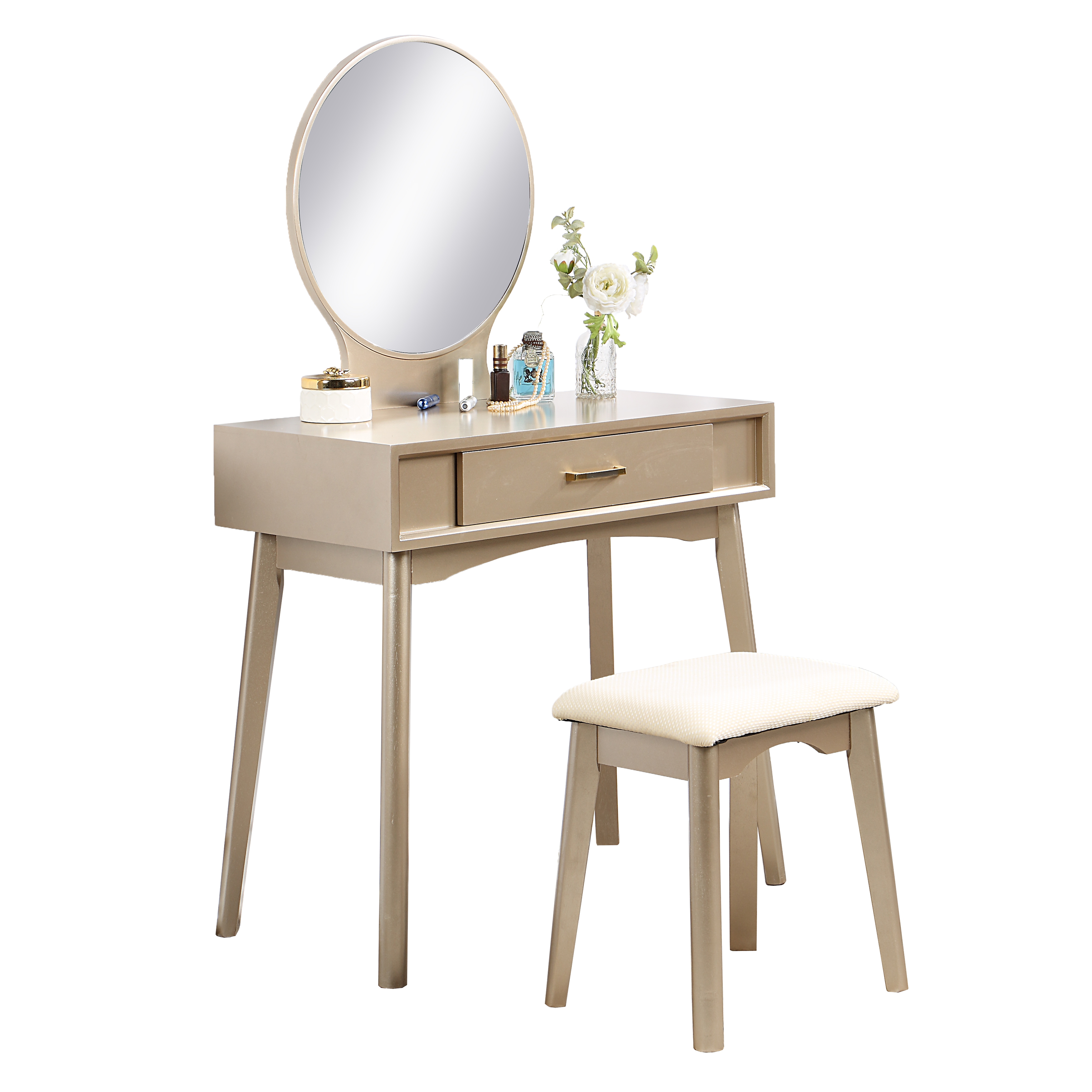 Maly Contemporary Wood Vanity and Stool Set, Gold