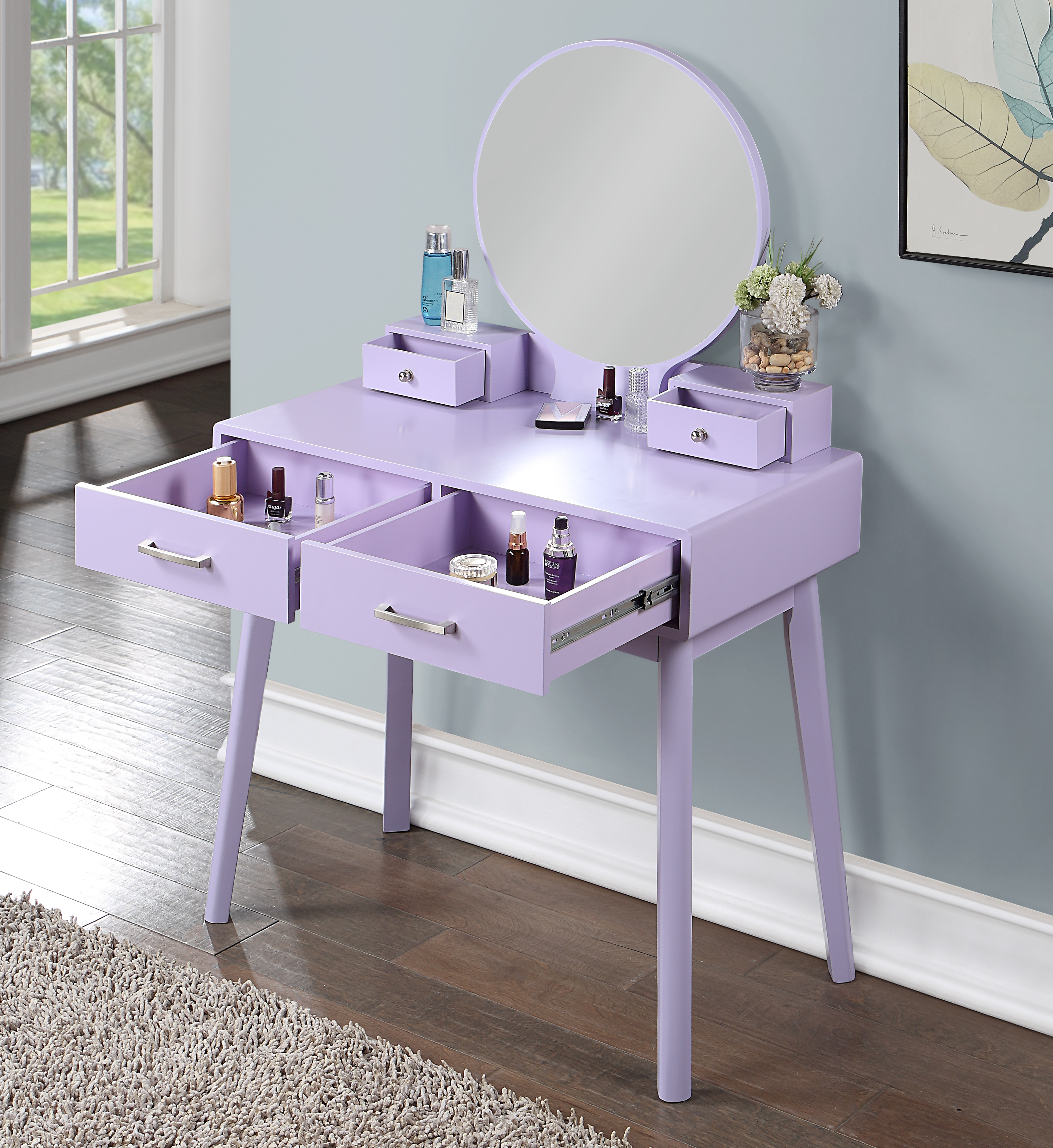 Liannon Contemporary Wood Vanity and Stool Set, Purple