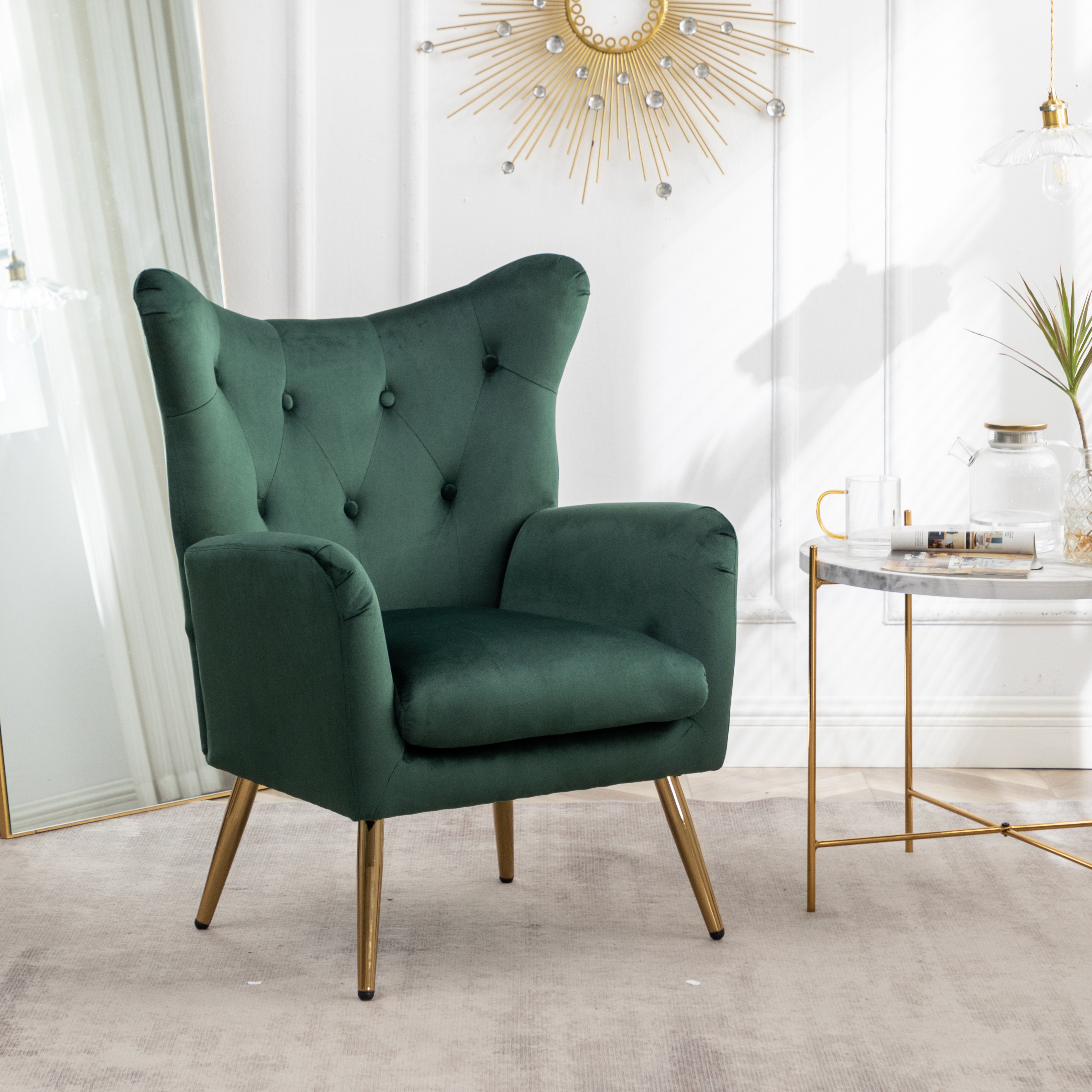 Sovarol Velvet Button-Tufted Wing Back Accent Chair, Green