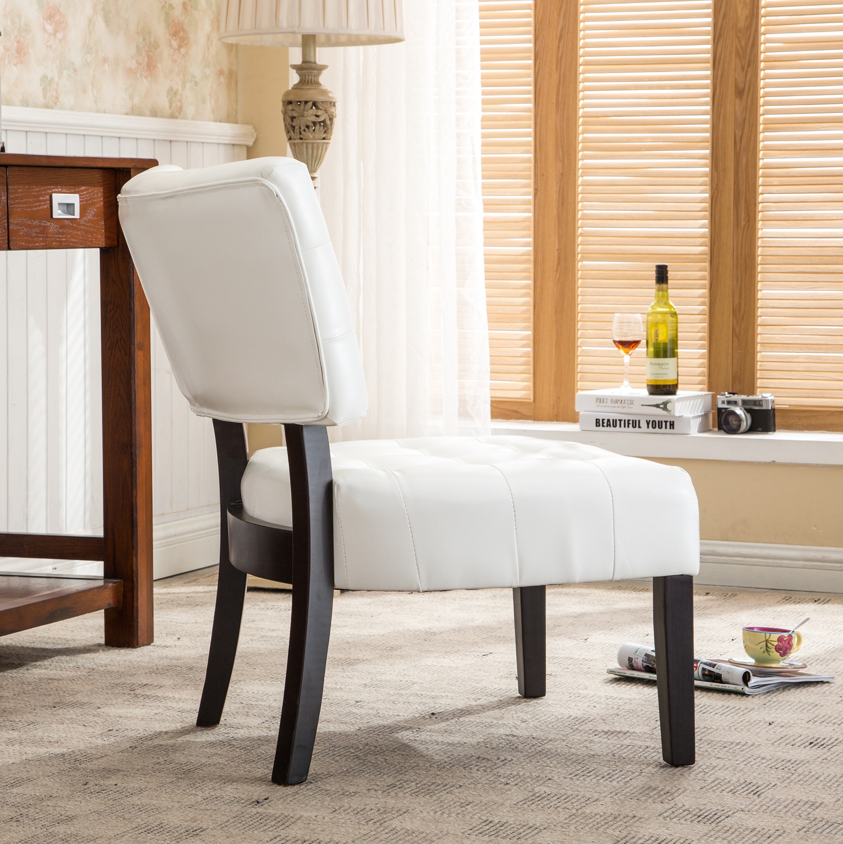 Blended Leather Tufted Accent Chair with Oversized Seating, Ivory