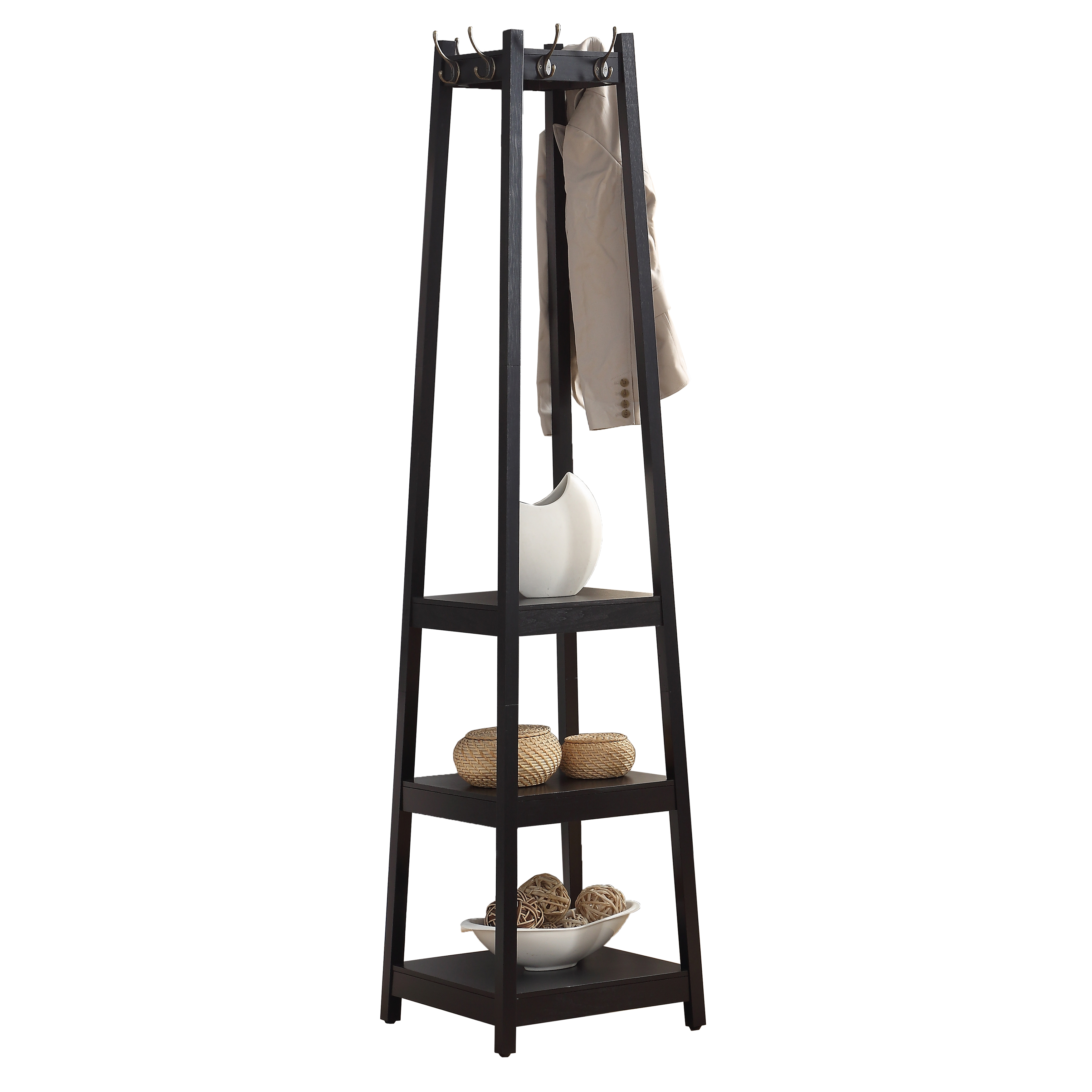 Vassen Coat Rack w/ 3-Tier Storage Shelves in Black Finish