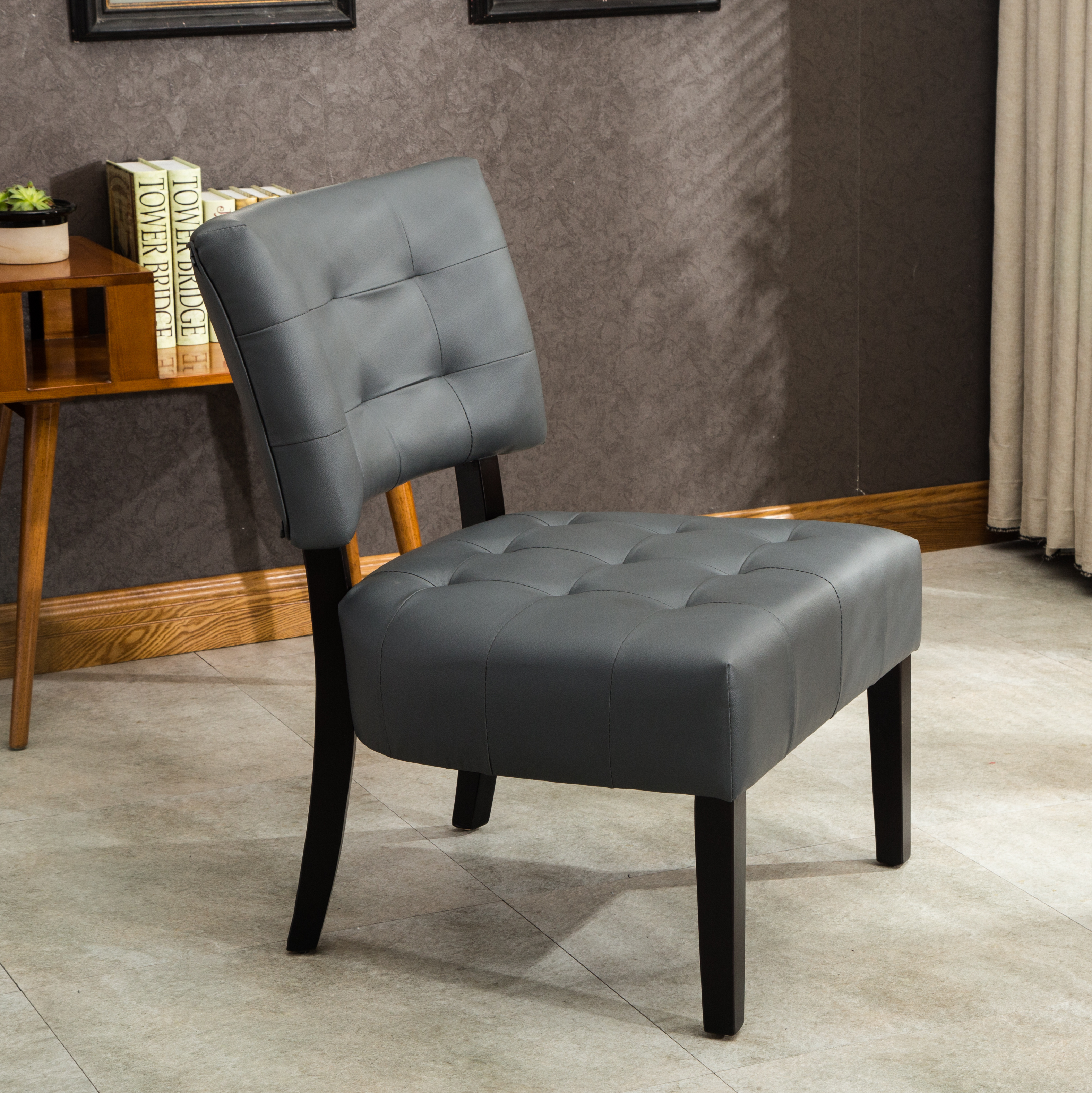 Blended Leather Tufted Accent Chair with Oversized Seating, Gray