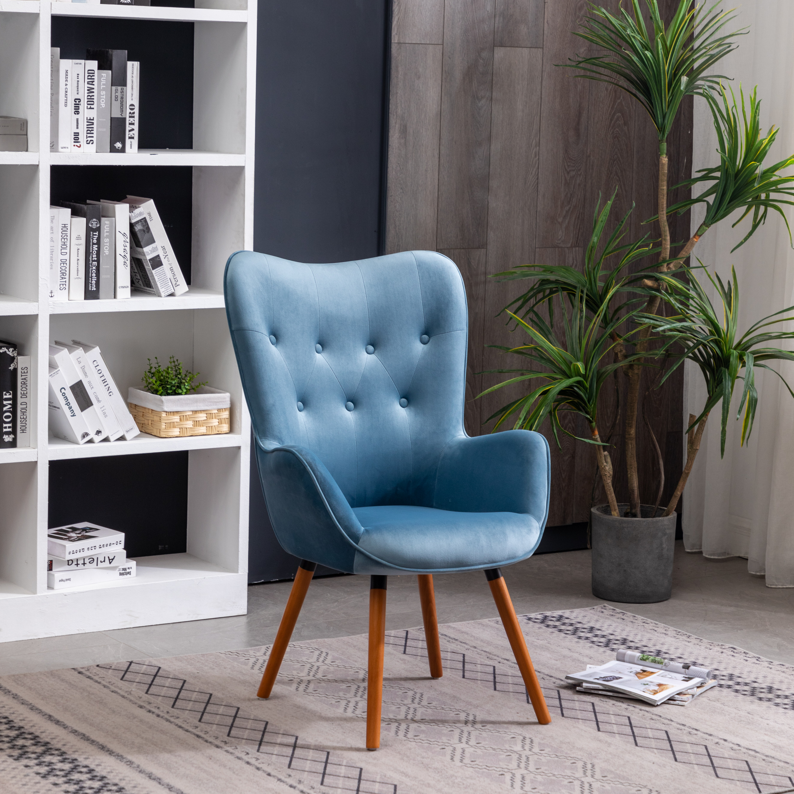 Doarnin Contemporary Silky Velvet Tufted Button Back Accent Chair, Blue