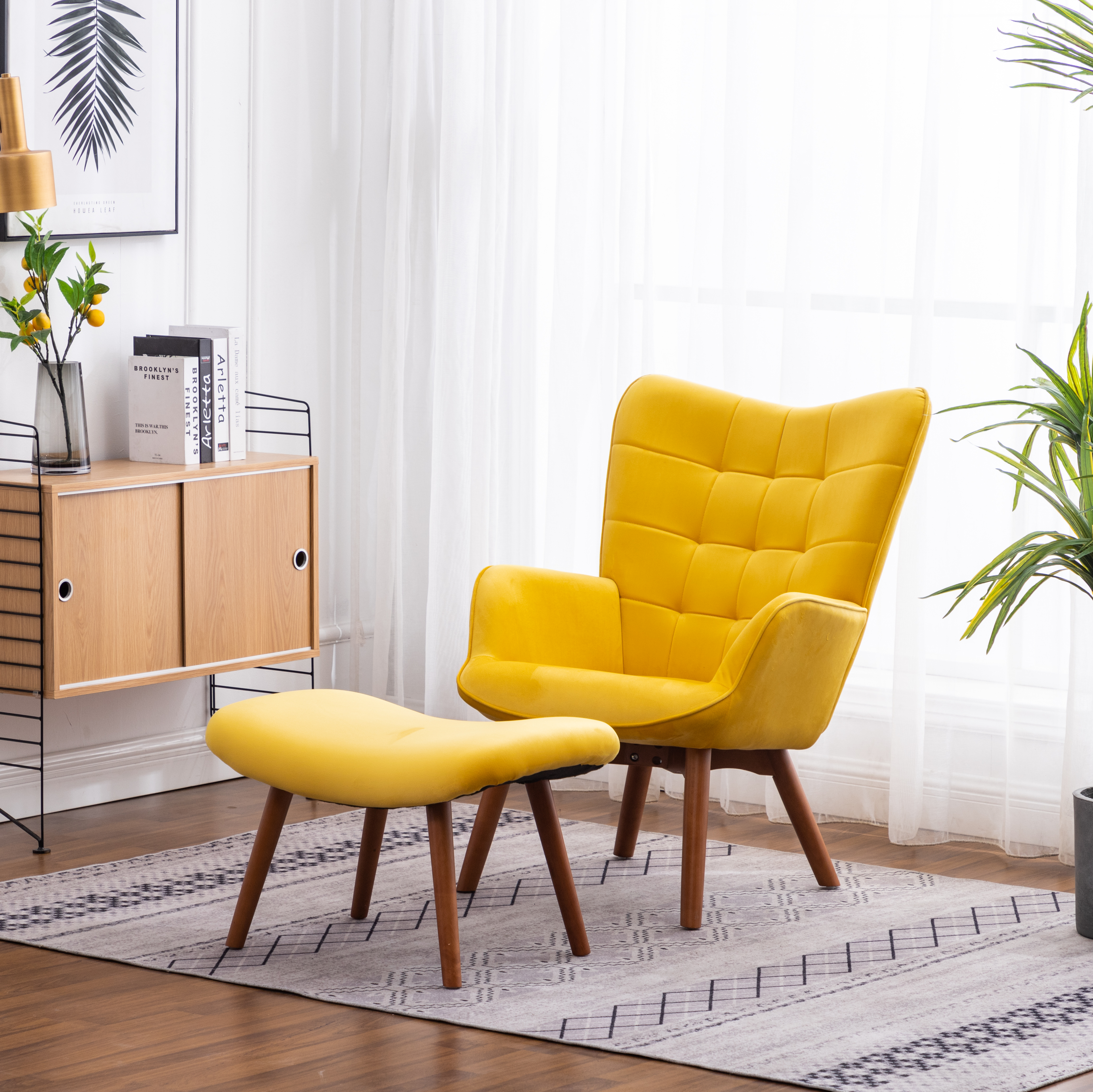 Leiria Contemporary Silky Velvet Tufted Accent Chair with Ottoman, Yellow