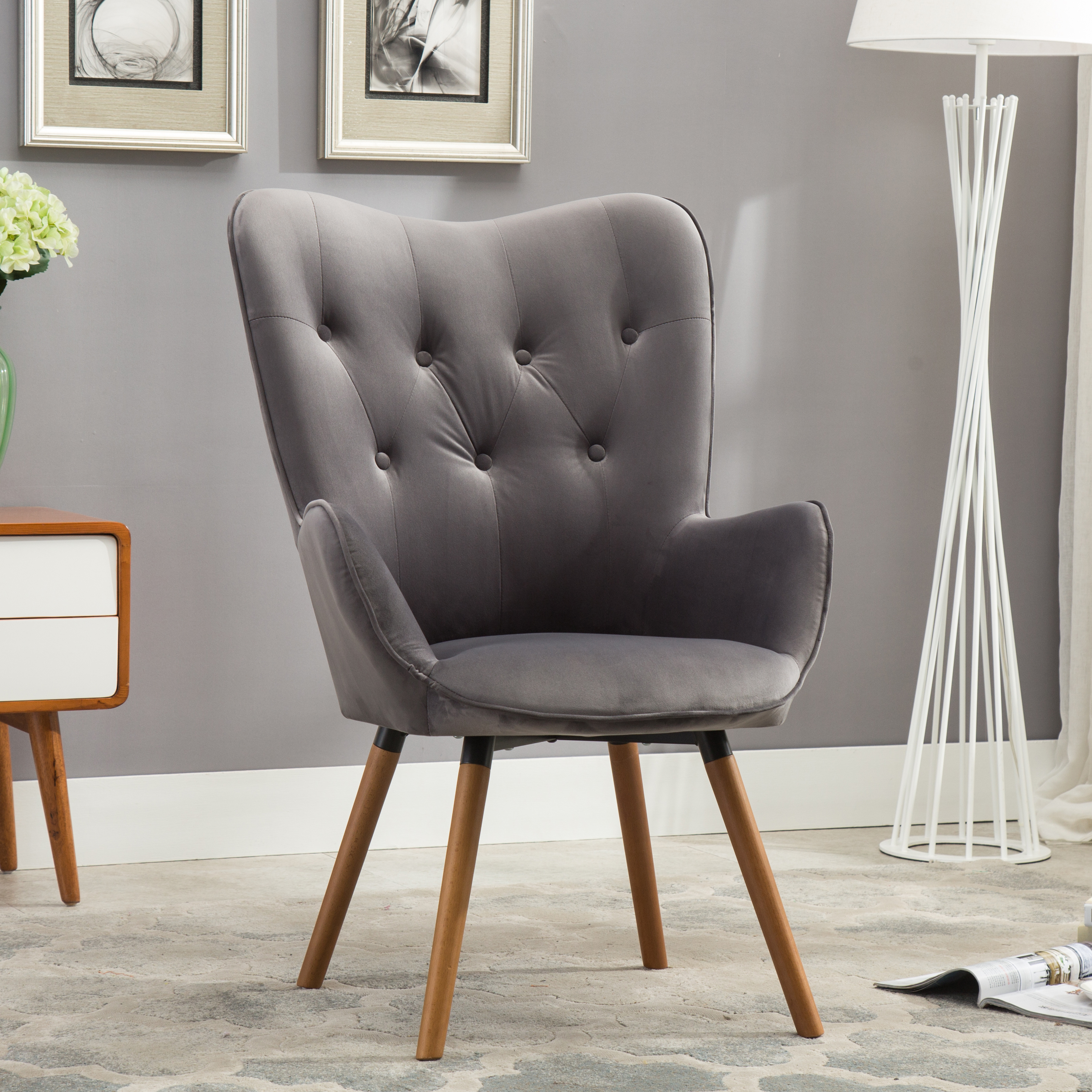 Doarnin Contemporary Silky Velvet Tufted Button Back Accent Chair, Gray