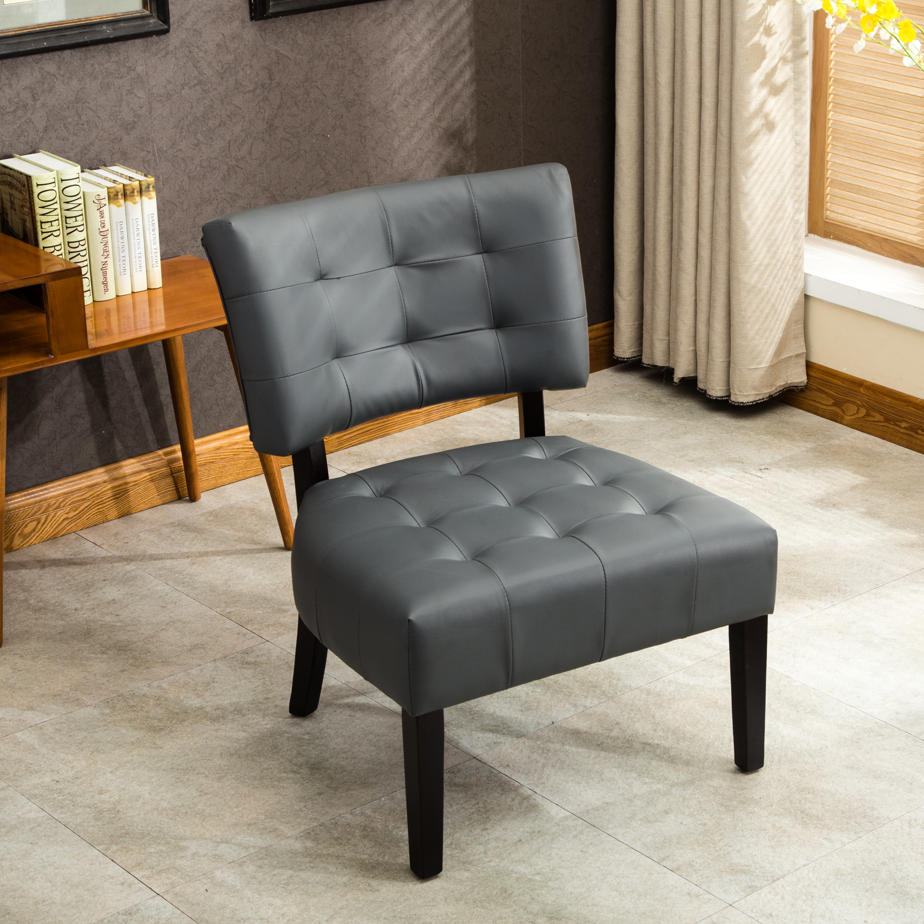 Blended Leather Tufted Accent Chair with Oversized Seating, Gray