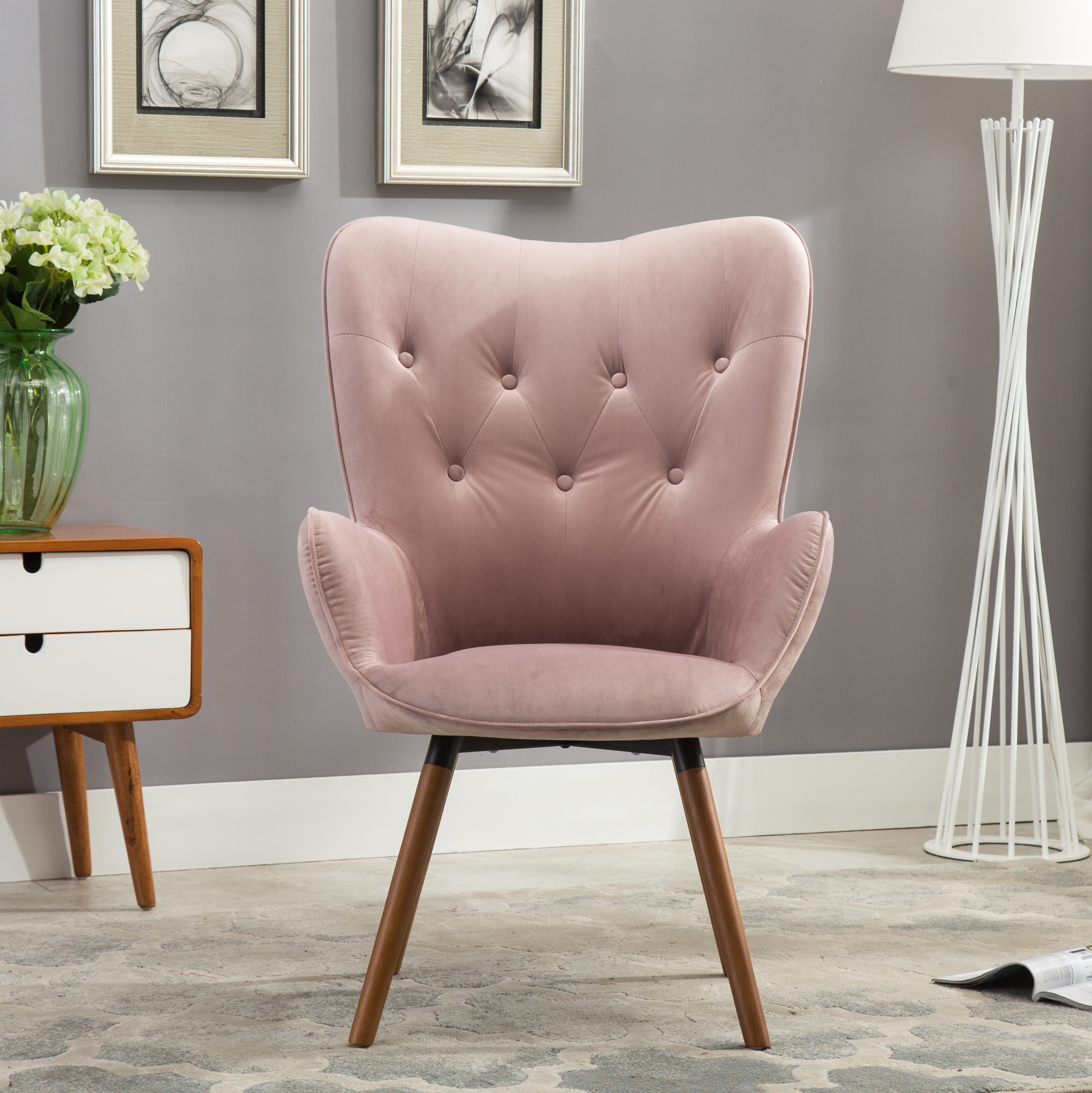 Doarnin Contemporary Silky Velvet Tufted Button Back Accent Chair, Mauve