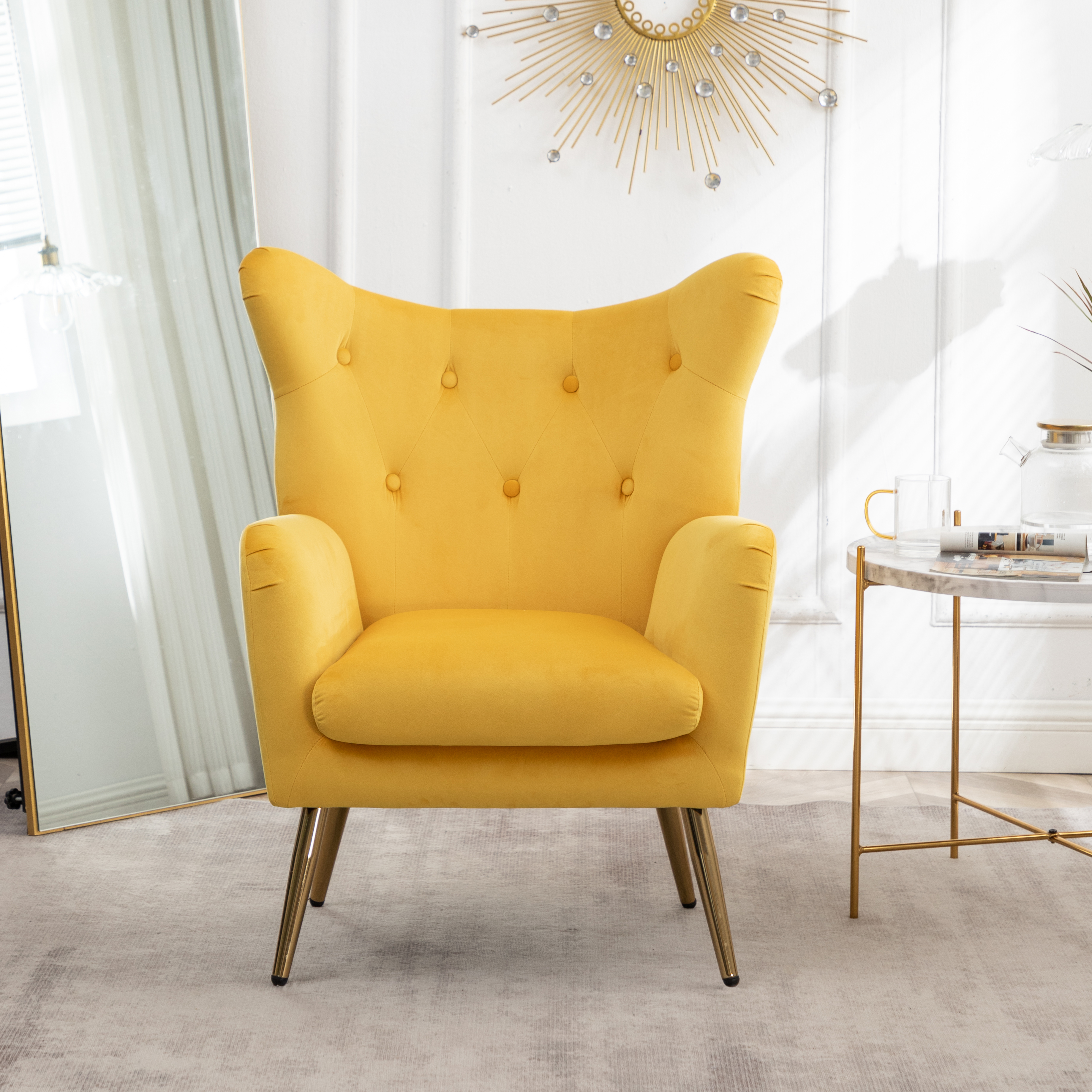 Sovarol Velvet Button-Tufted Wing Back Accent Chair, Yellow