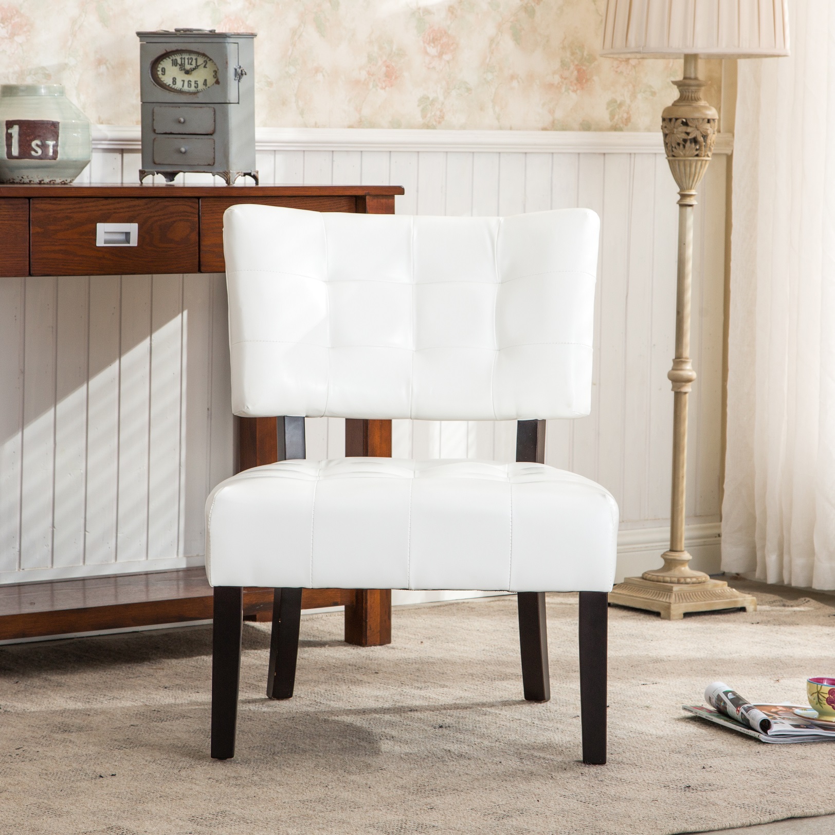 Blended Leather Tufted Accent Chair with Oversized Seating, Ivory