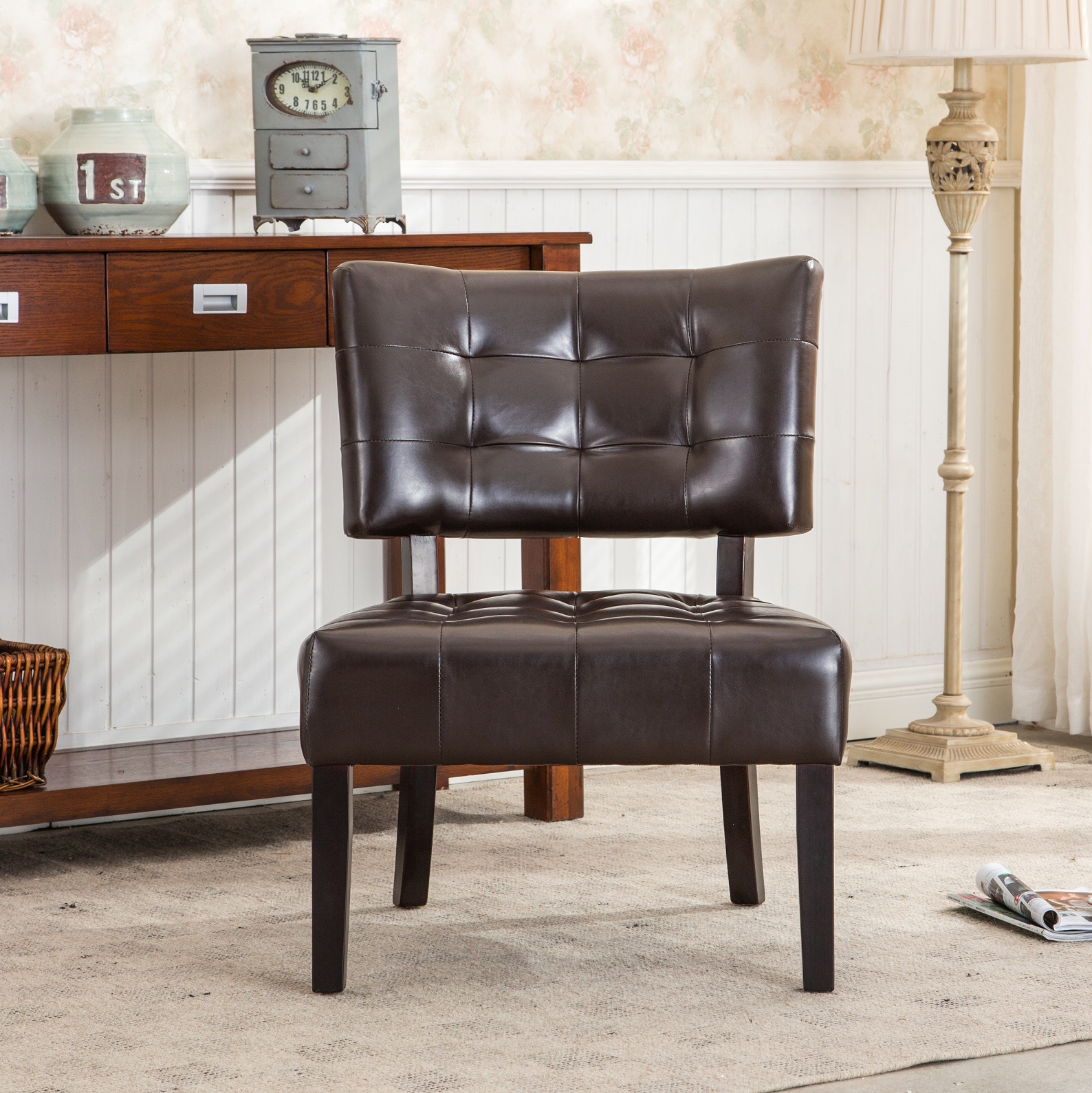 Roundhill Furniture Blended Leather Tufted Accent Chair with Oversized Seating, Brown