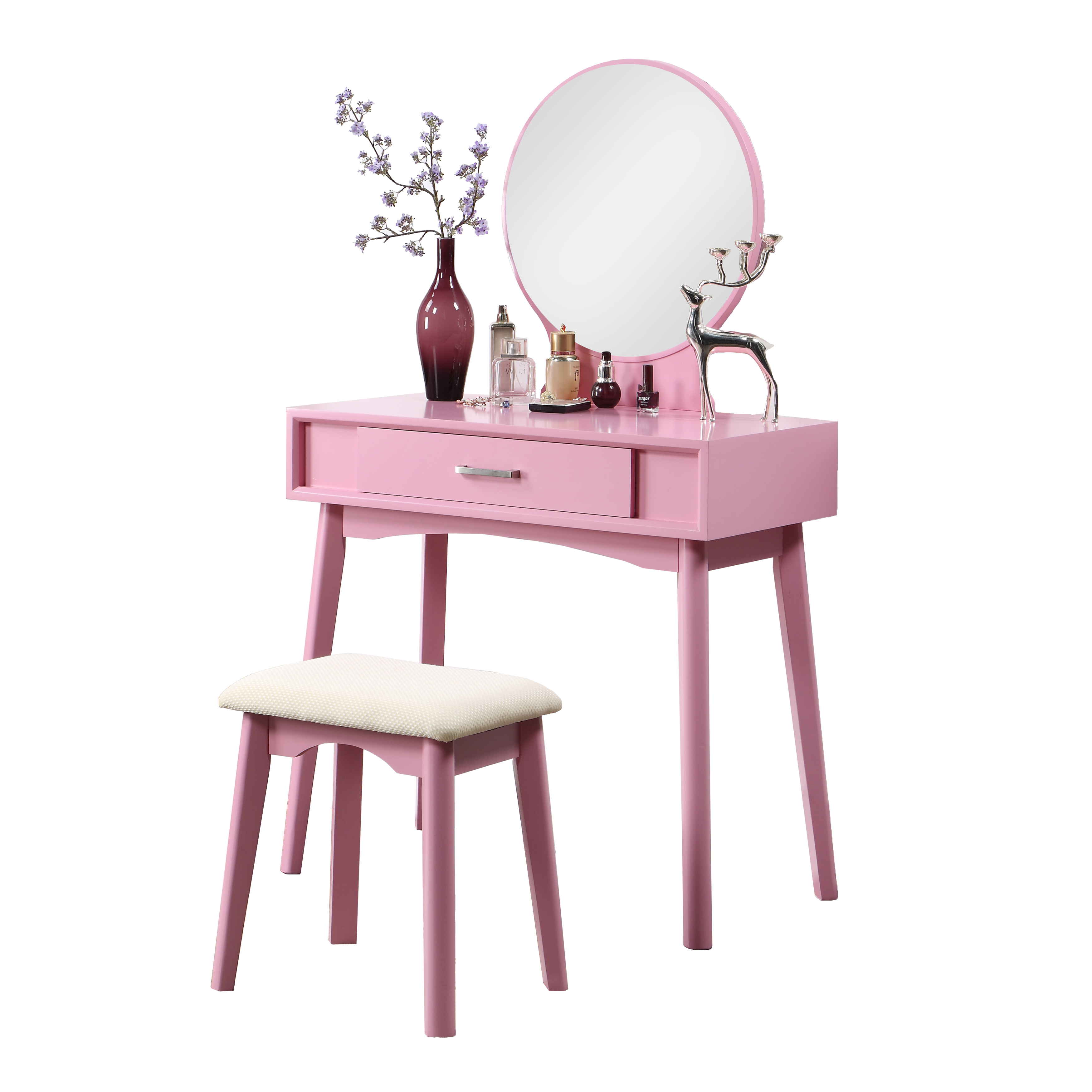 Maly Contemporary Wood Vanity and Stool Set, Pink