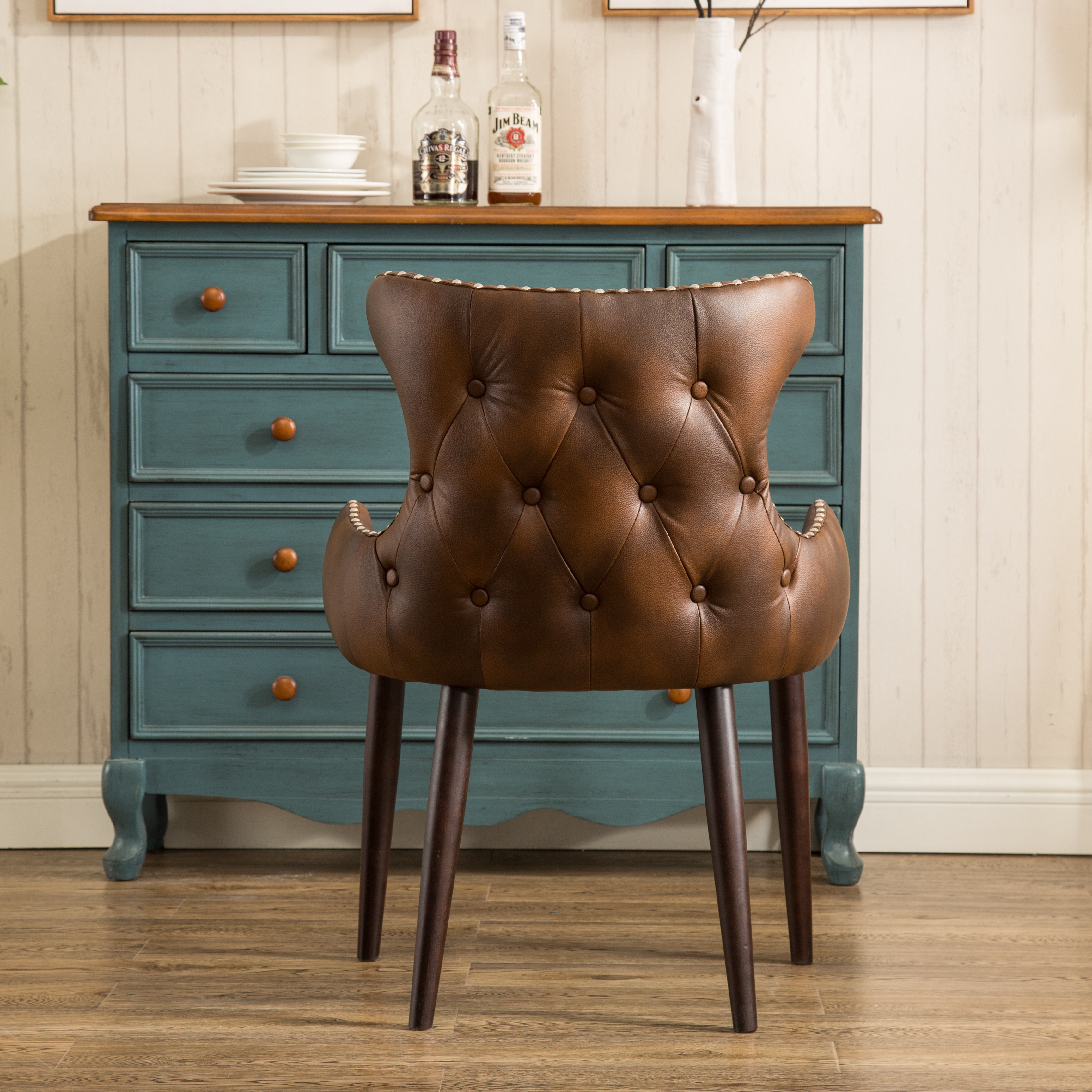 Viking Tufted Button Back barrel chair with Nailhead, Brown