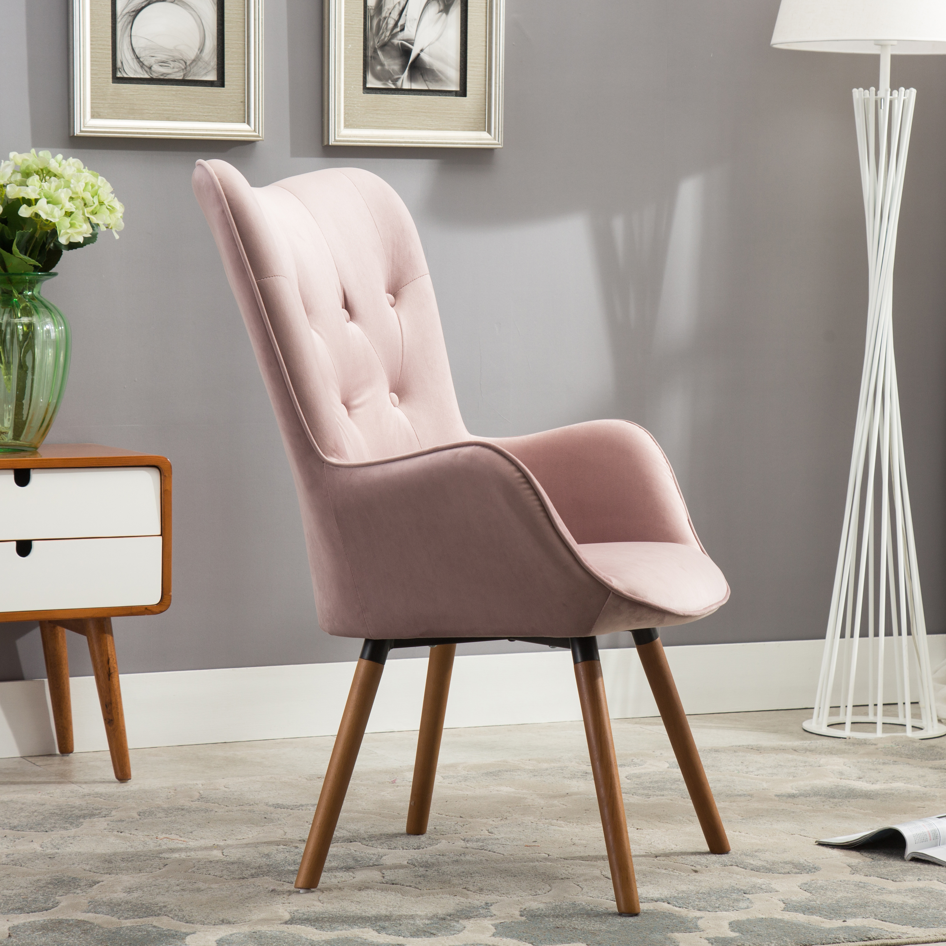 Doarnin Contemporary Silky Velvet Tufted Button Back Accent Chair, Mauve