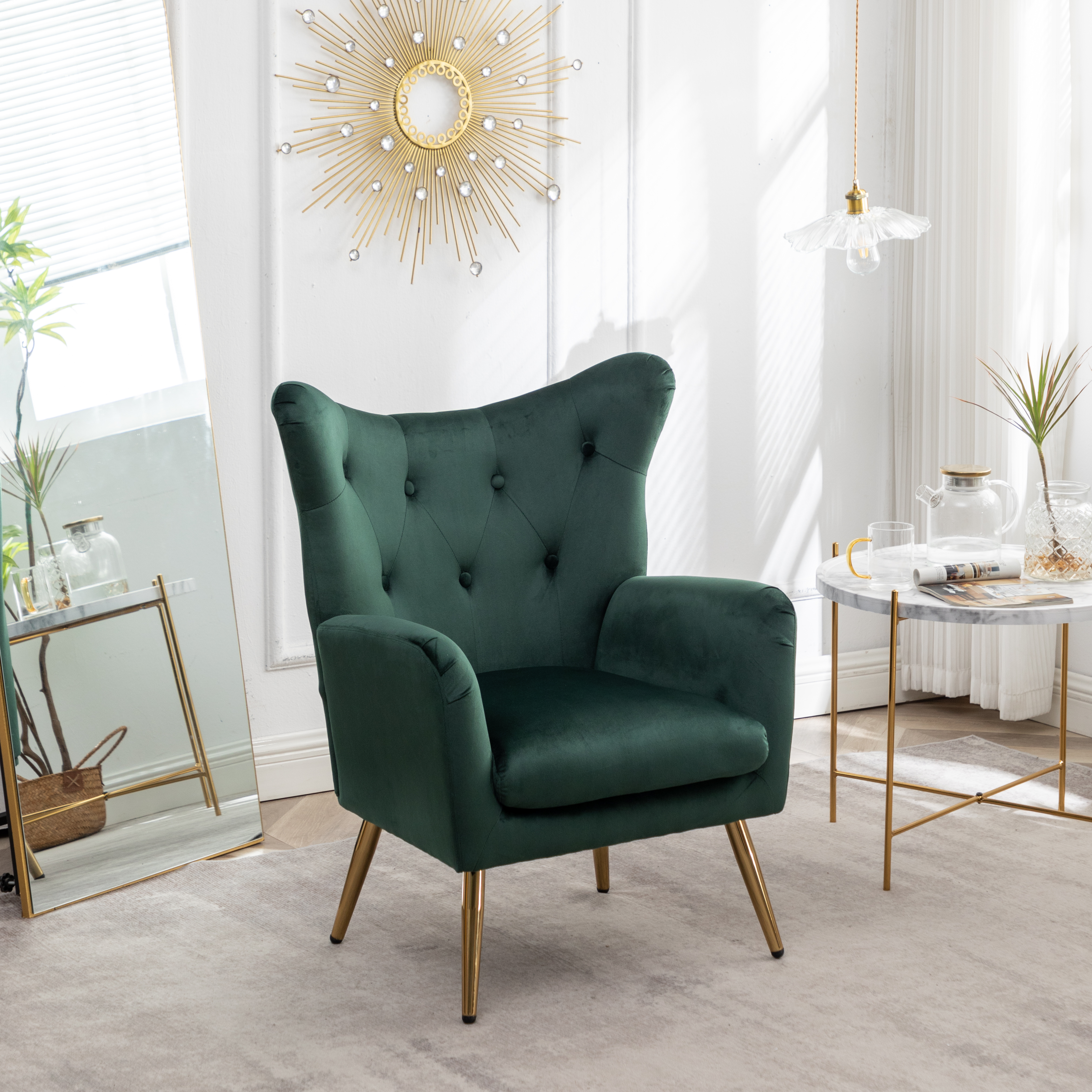 Sovarol Velvet Button-Tufted Wing Back Accent Chair, Green