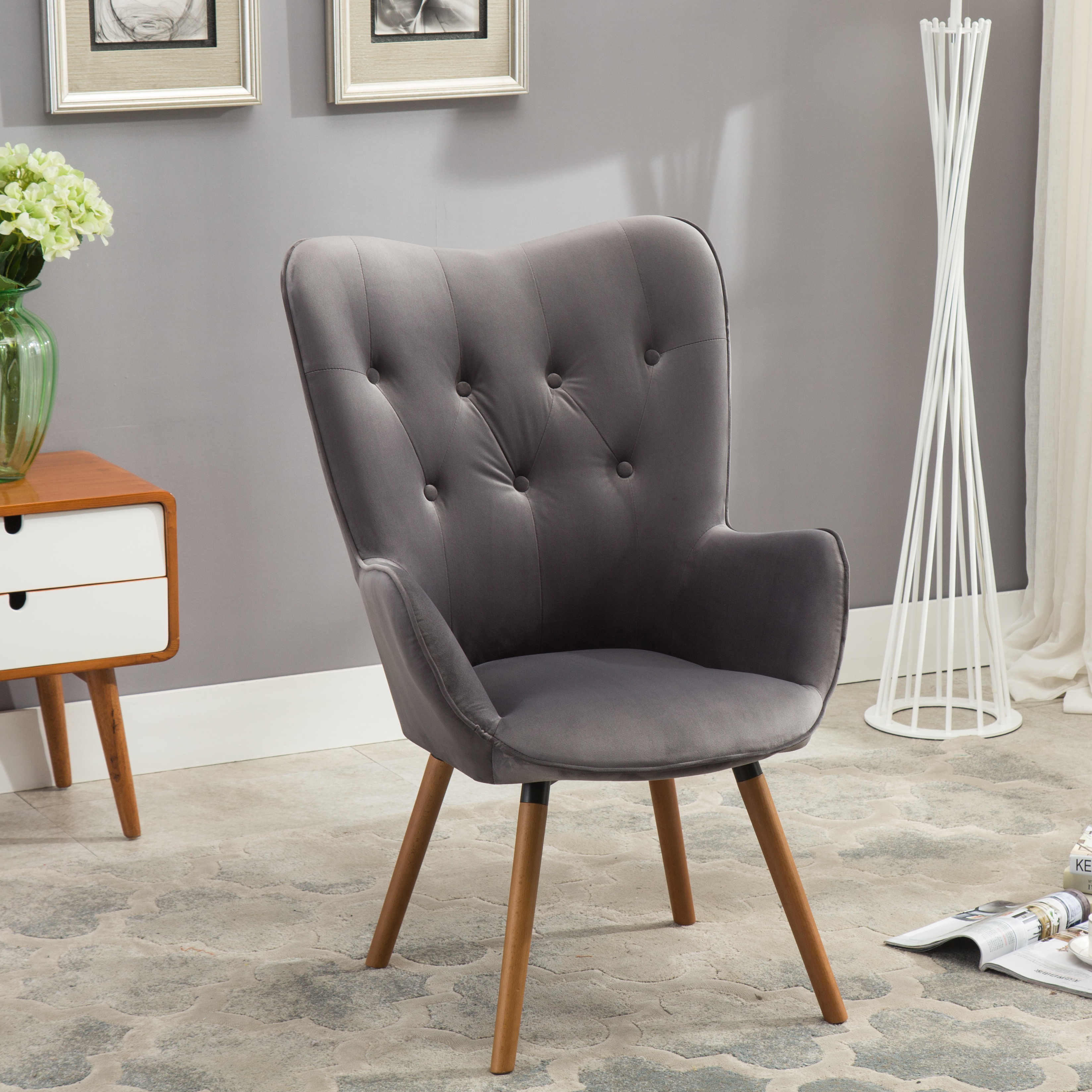 Doarnin Contemporary Silky Velvet Tufted Button Back Accent Chair, Gray