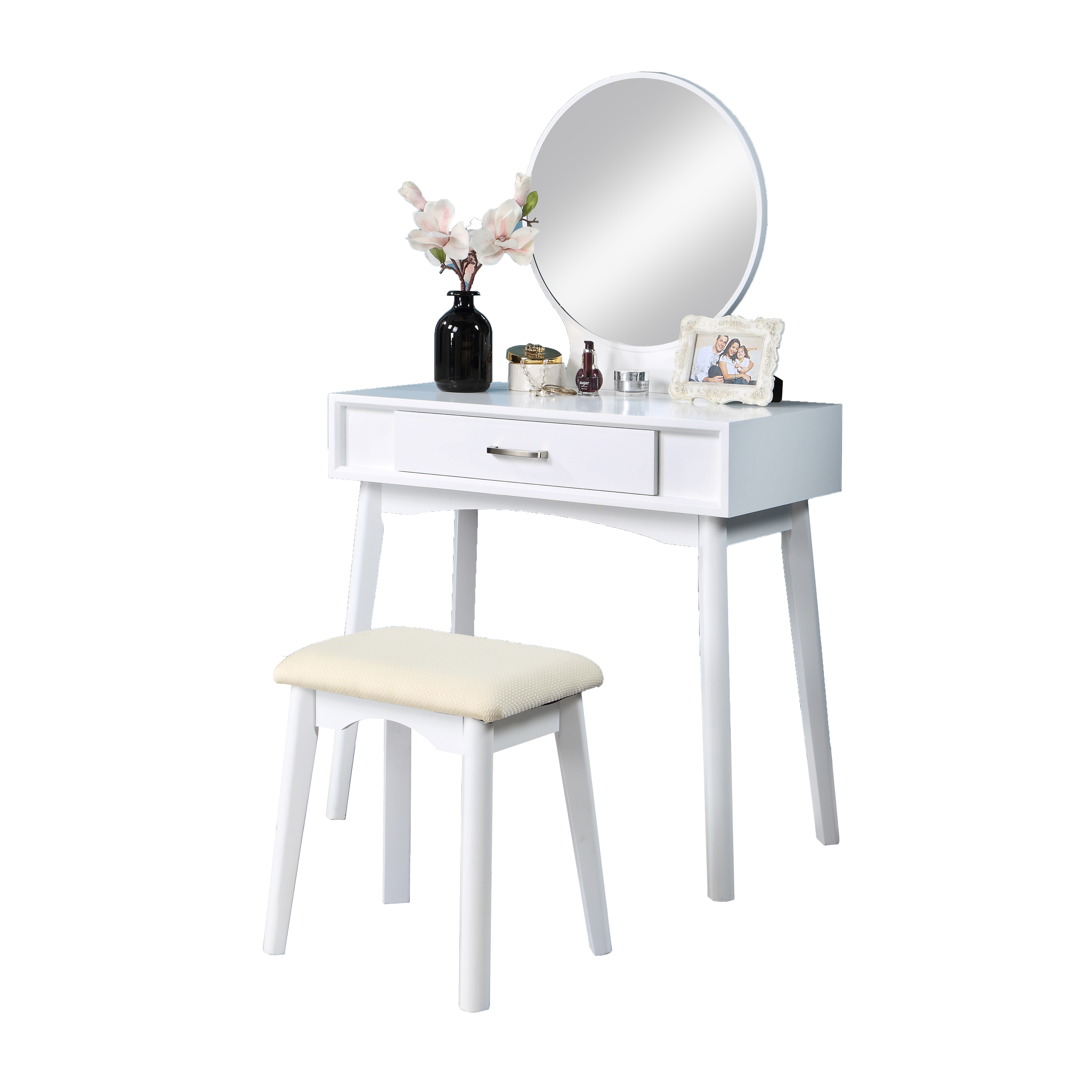 Maly Contemporary Wood Vanity and Stool Set, White