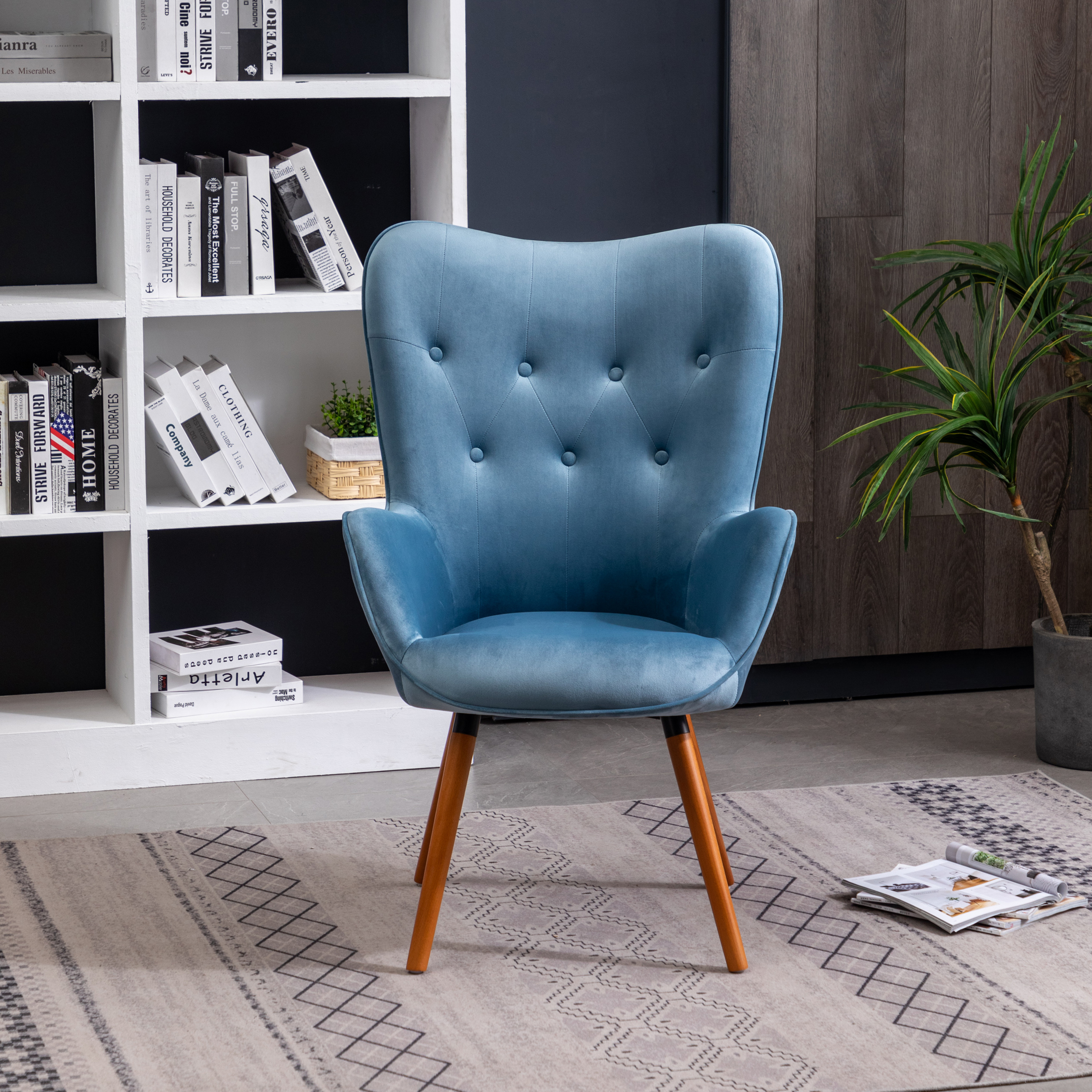 Doarnin Contemporary Silky Velvet Tufted Button Back Accent Chair, Blue