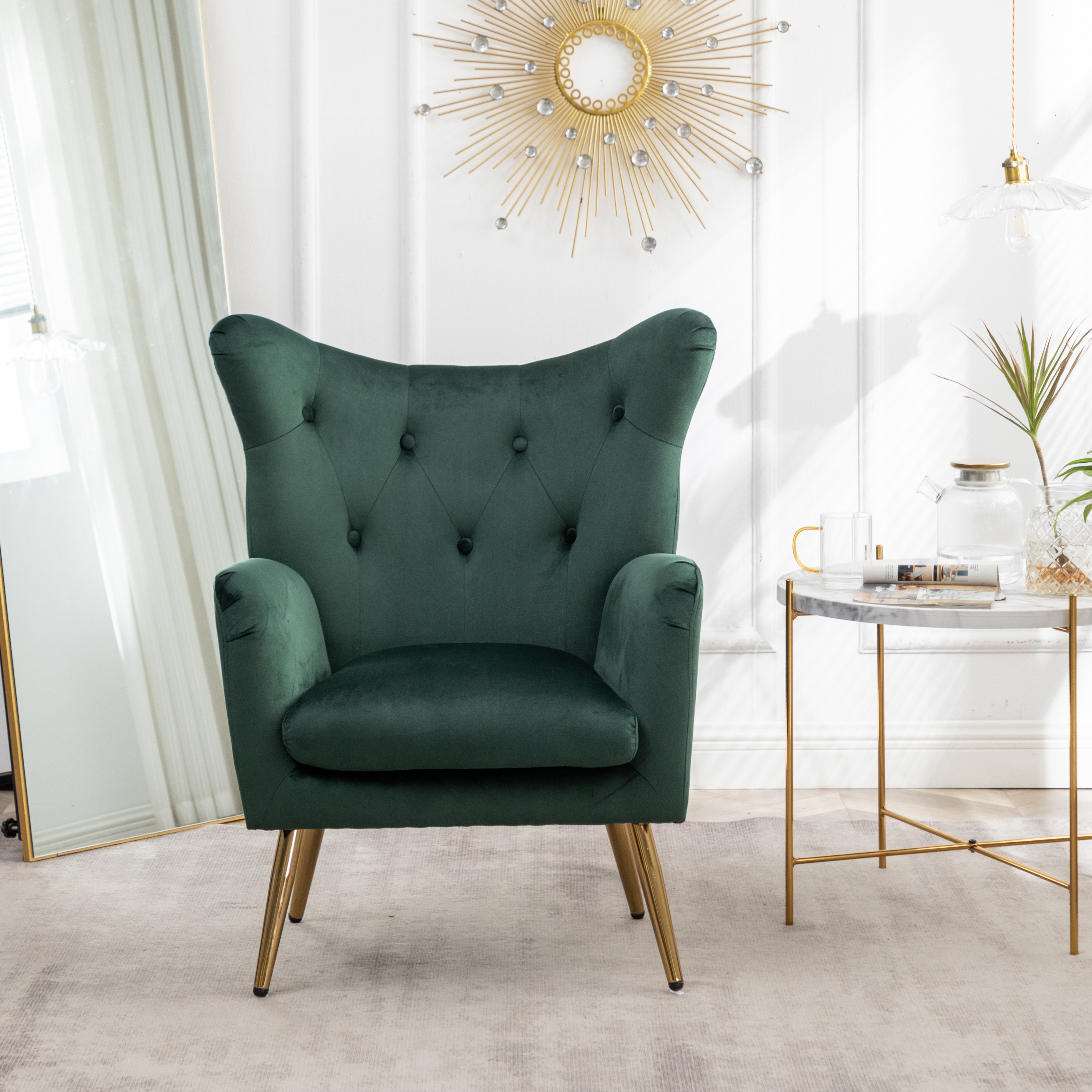 Sovarol Velvet Button-Tufted Wing Back Accent Chair, Green