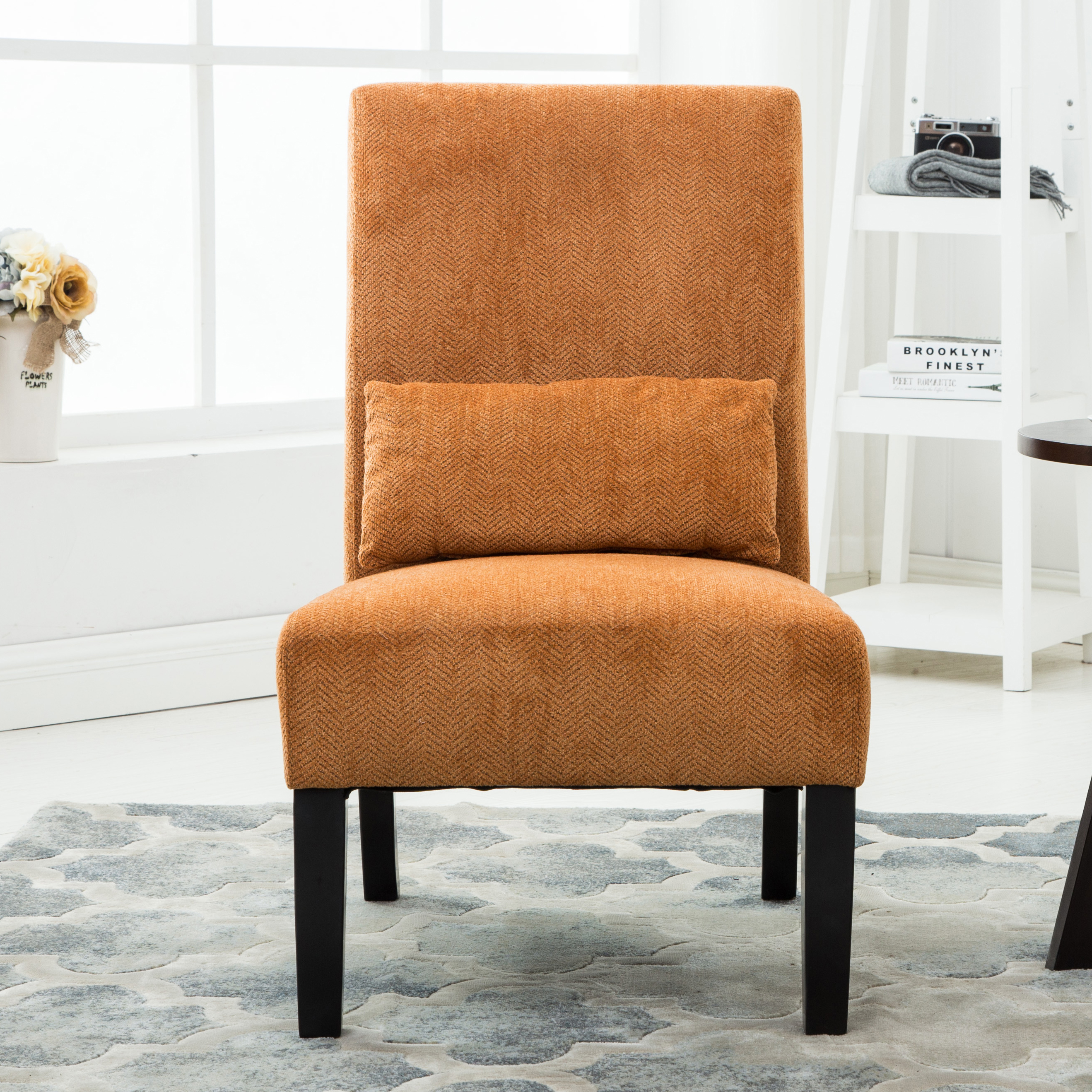 Pisano Contemporary Chenille Fabric Armless Accent Chair with Pillow, Orange