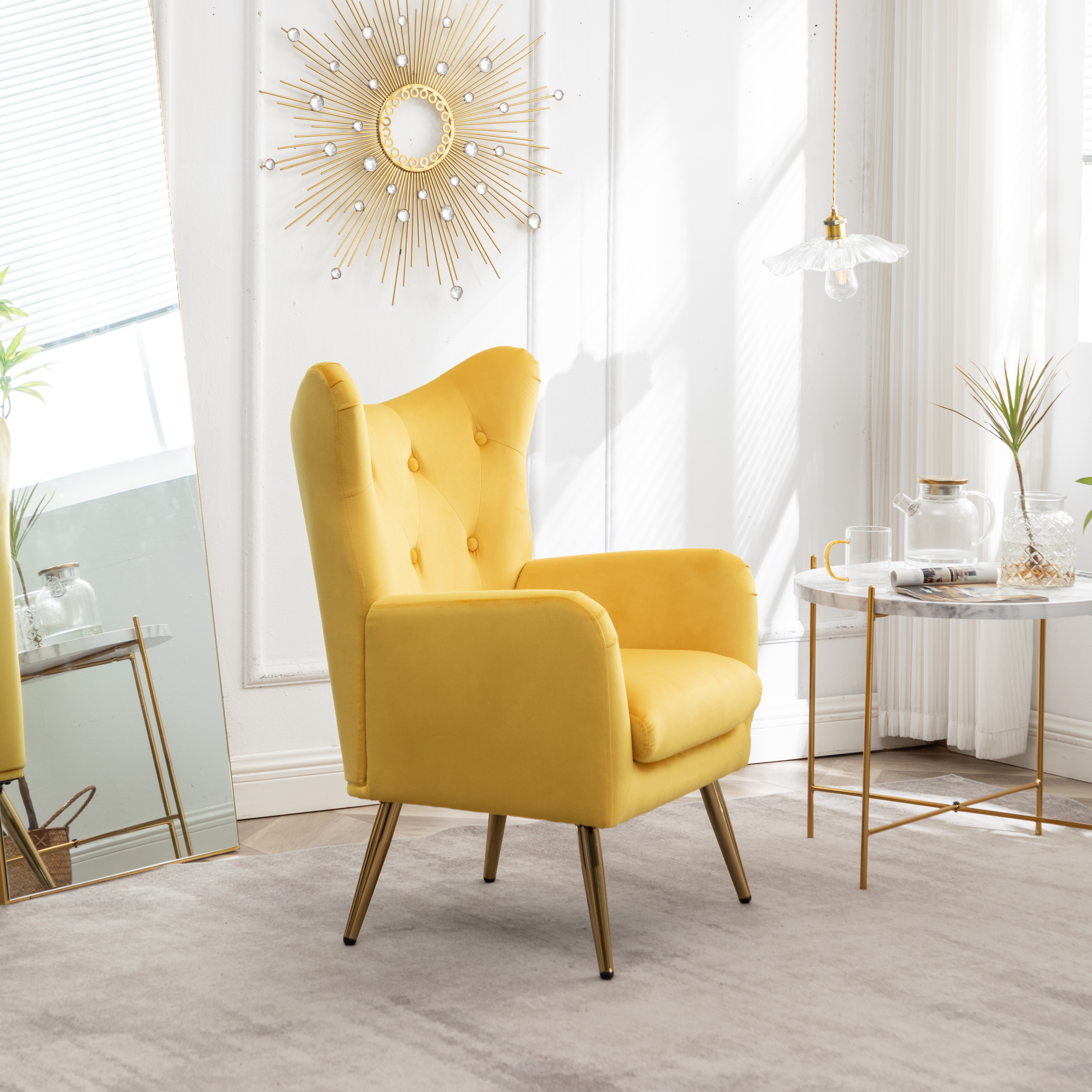 Sovarol Velvet Button-Tufted Wing Back Accent Chair, Yellow