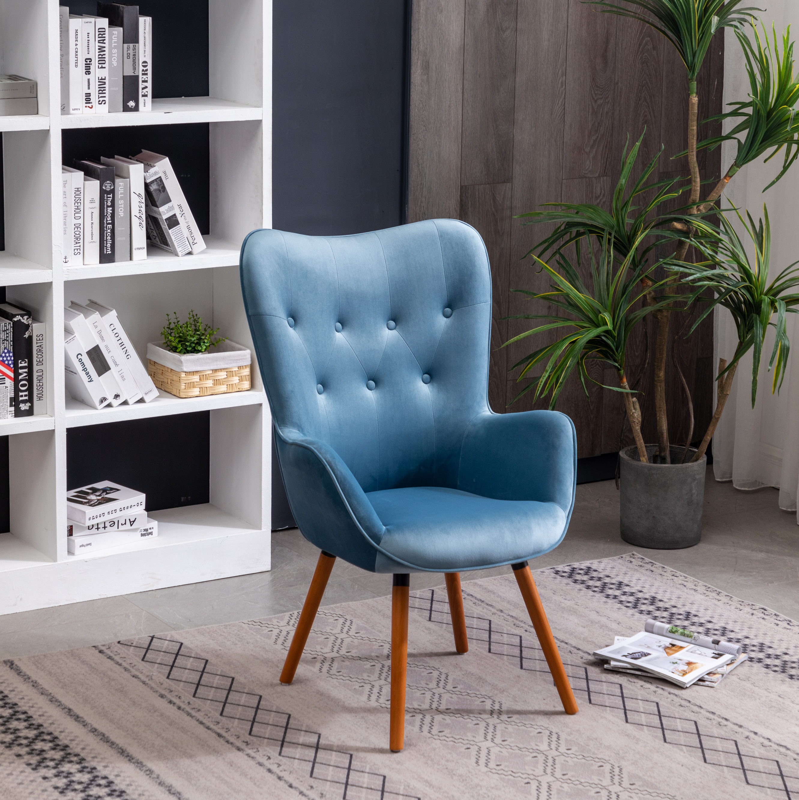 Doarnin Contemporary Silky Velvet Tufted Button Back Accent Chair, Blue