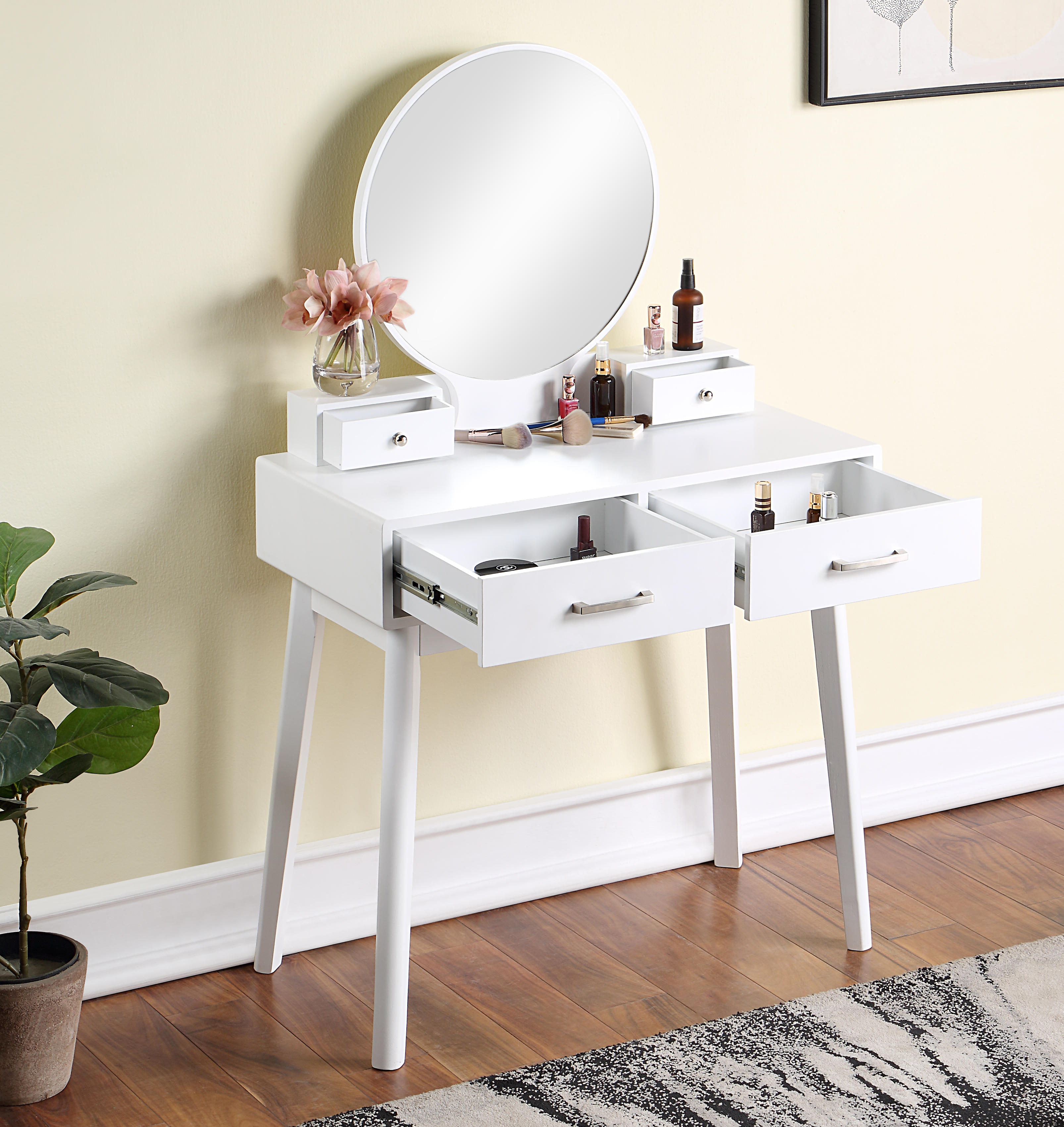 Liannon Contemporary Wood Vanity and Stool Set, White