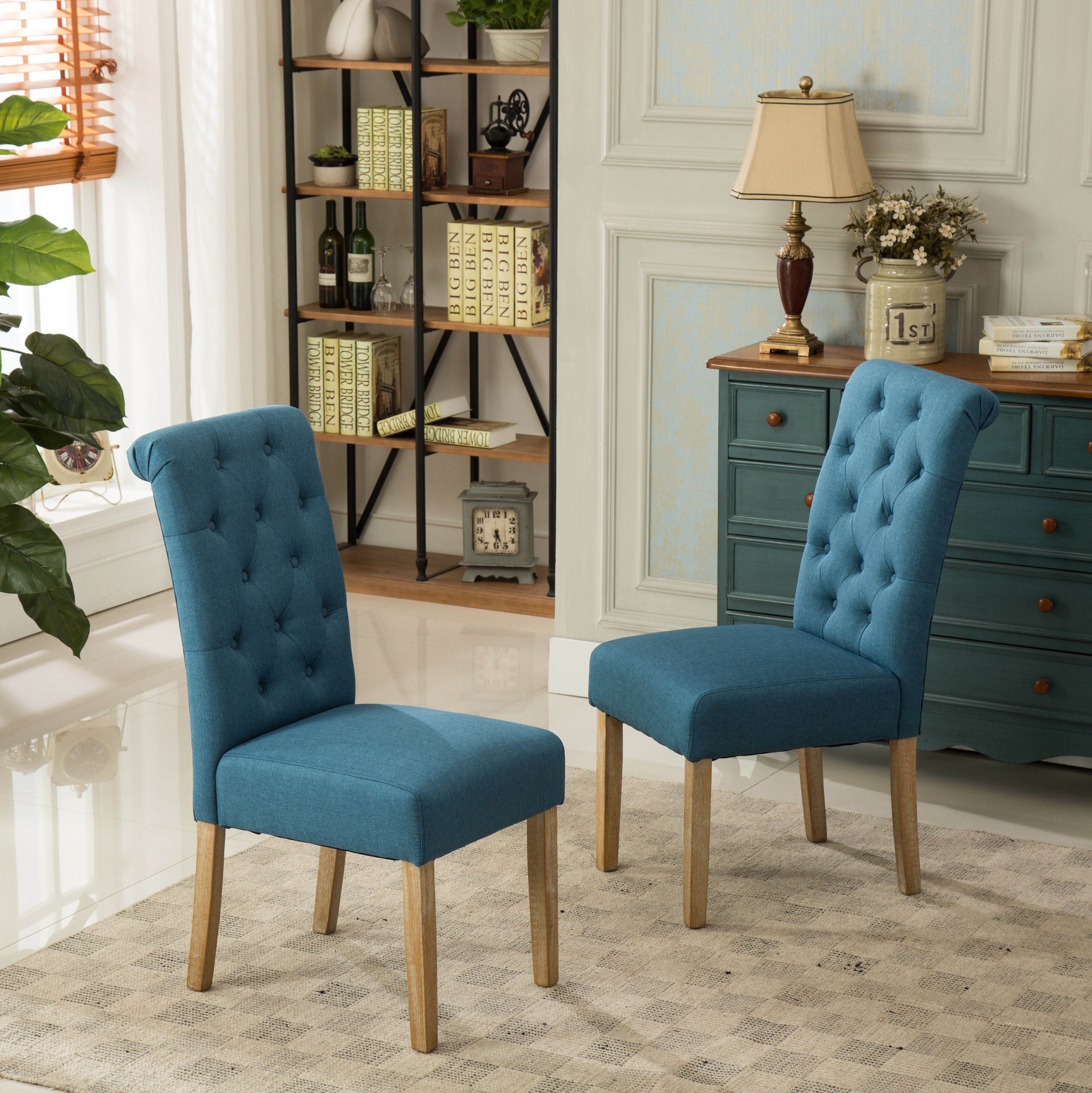 Habit Solid Wood Tufted Parsons Dining Chair, Set of 2, Blue