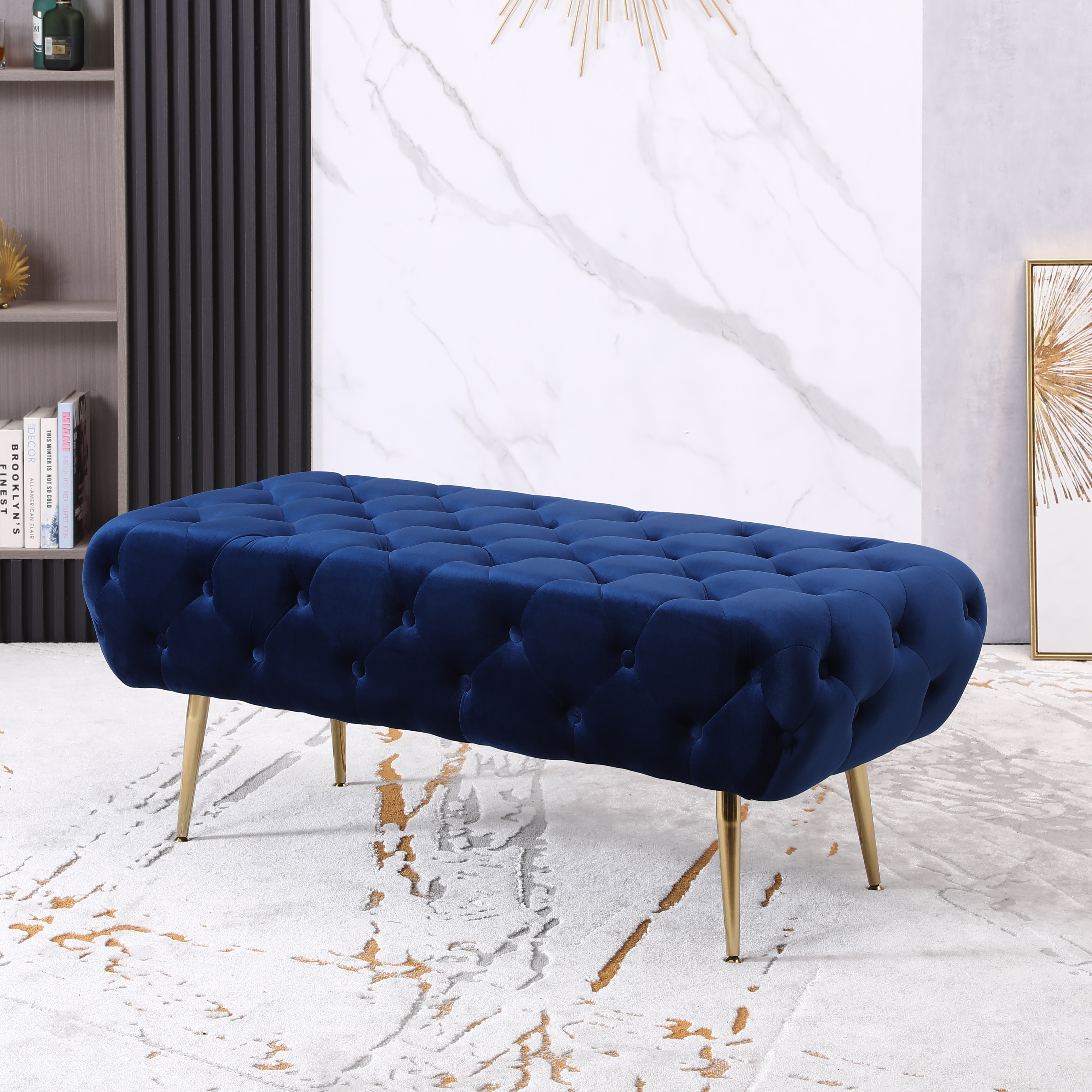 Sira Velvet Button Tufted Bench with Gold Metal Legs, Blue