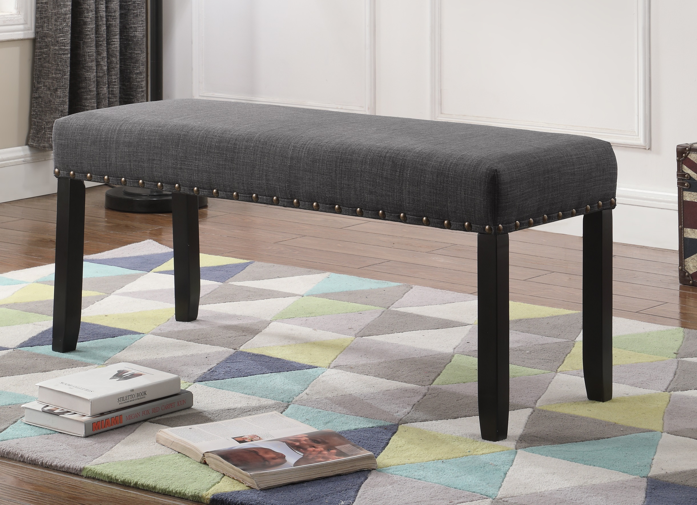 Biony Fabric Dining Bench with Nailhead Trim, Grey