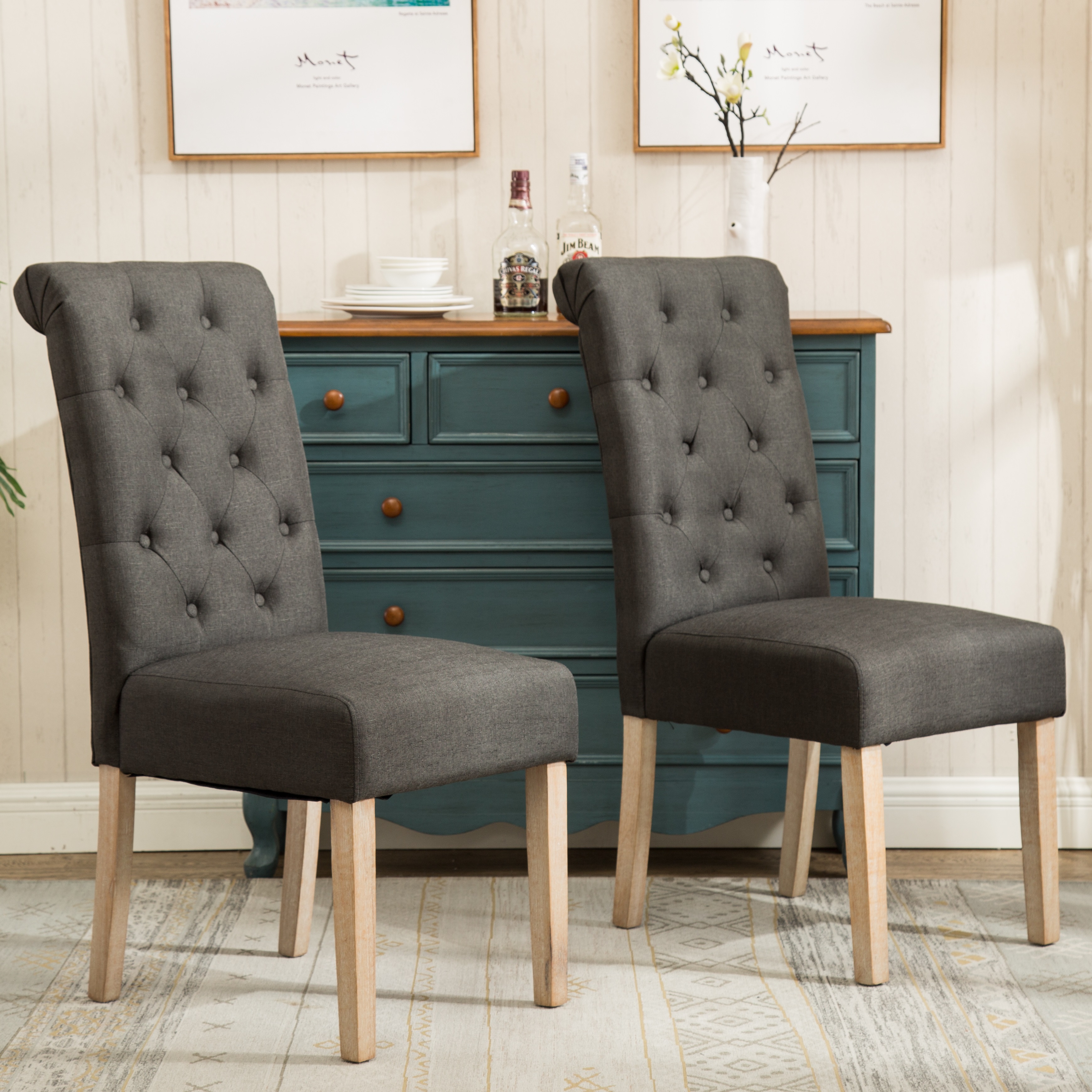 Habit Solid Wood Tufted Parsons Dining Chair, Set of 2, Charcoal