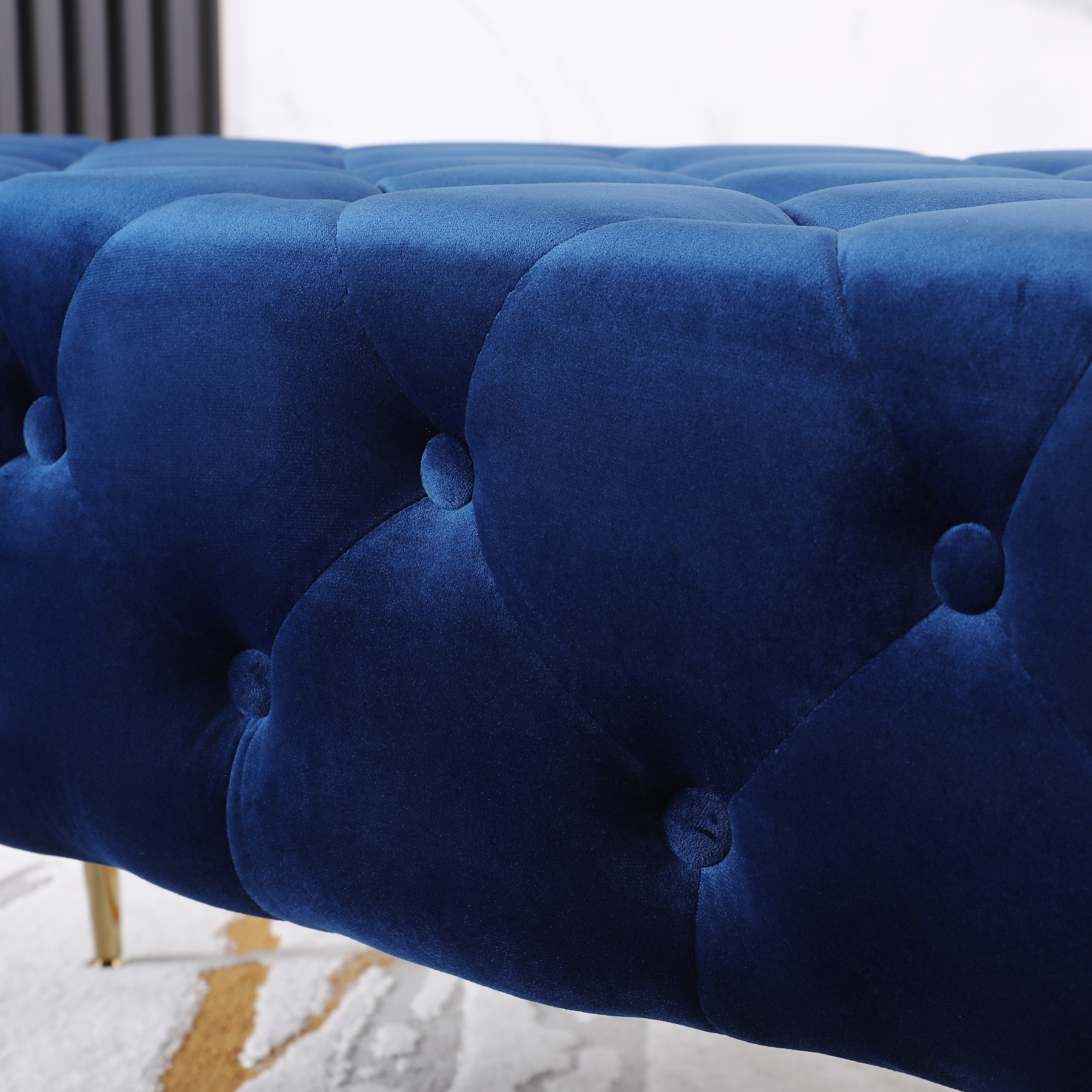 Sira Velvet Button Tufted Bench with Gold Metal Legs, Blue