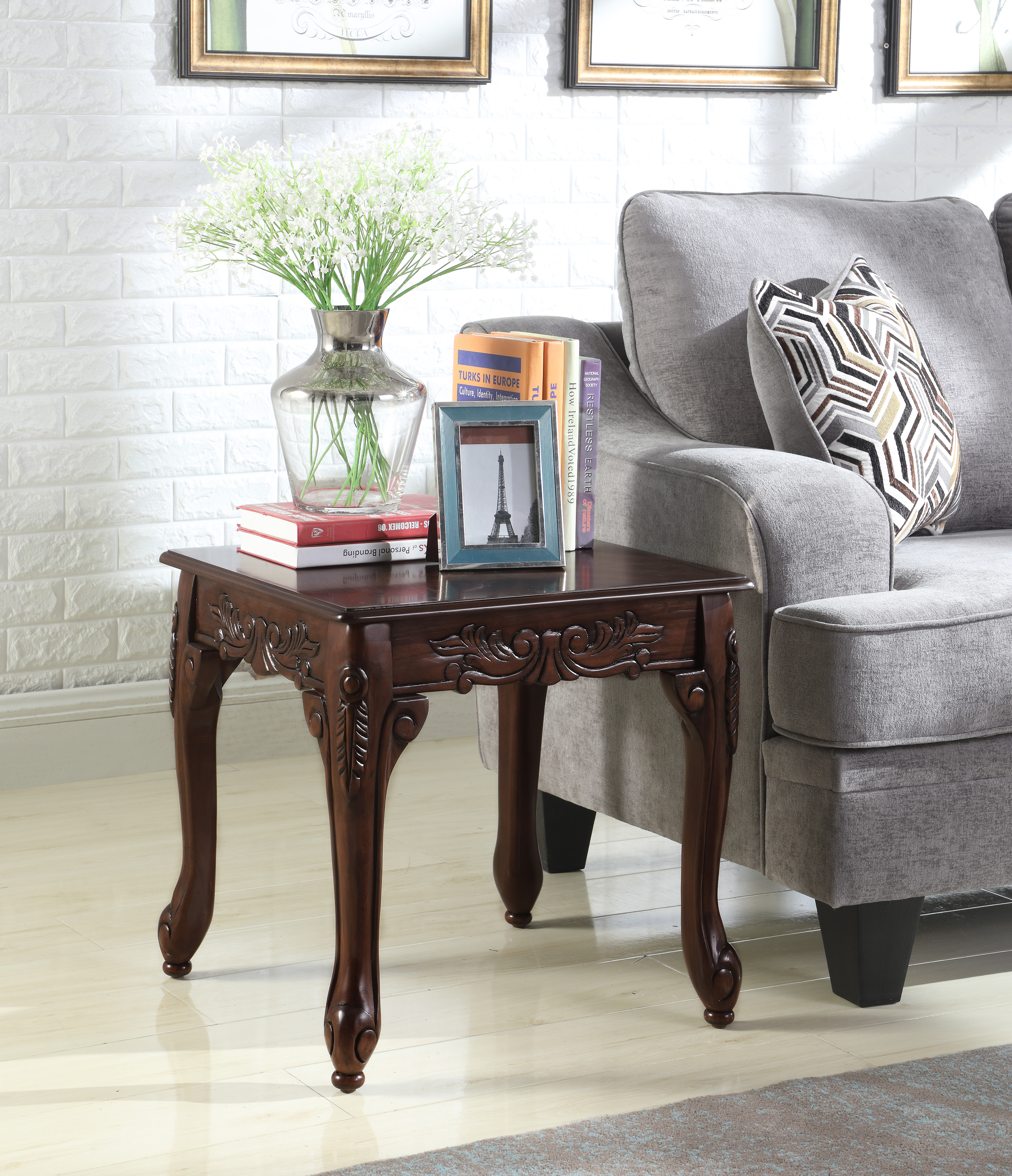 Traditional Ornate Detailing Dark Cherry Finish Wood End Table